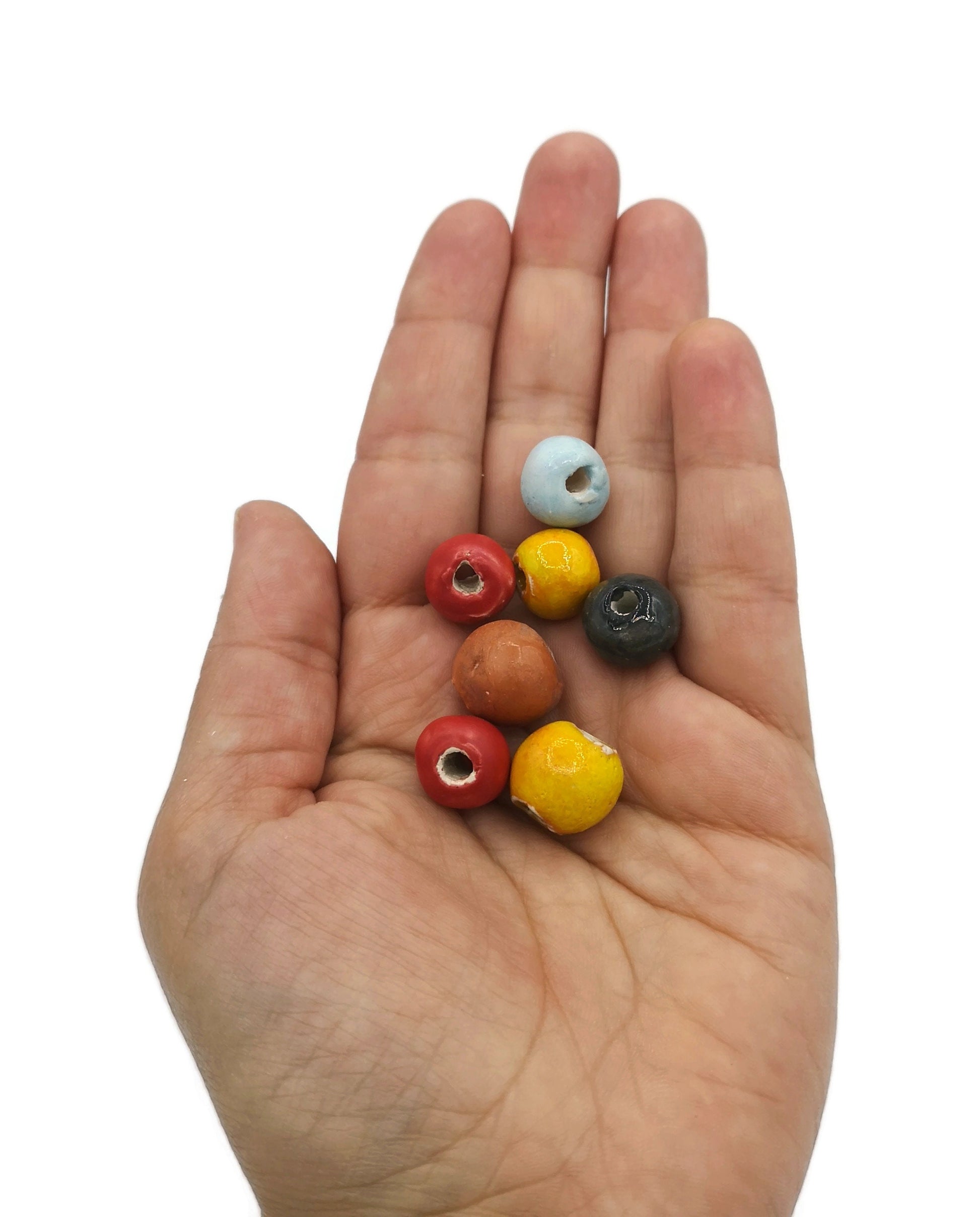 MIXED BEADS, DECORATIVE Beads, Set of 7 Handmade Ceramic Beads For Jewelry Making Or Crafts, Unique Macrame Clay Round Bubblegum Beads - Ceramica Ana Rafael
