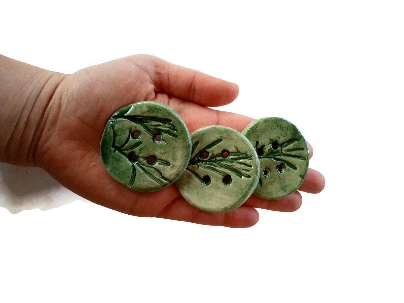 3Pcs 45mm Extra Large Handmade Ceramic Buttons, Round Sewing Buttons, Unique Rosemary Leaves Handmade Pottery Designer Buttons For Crafts - Ceramica Ana Rafael