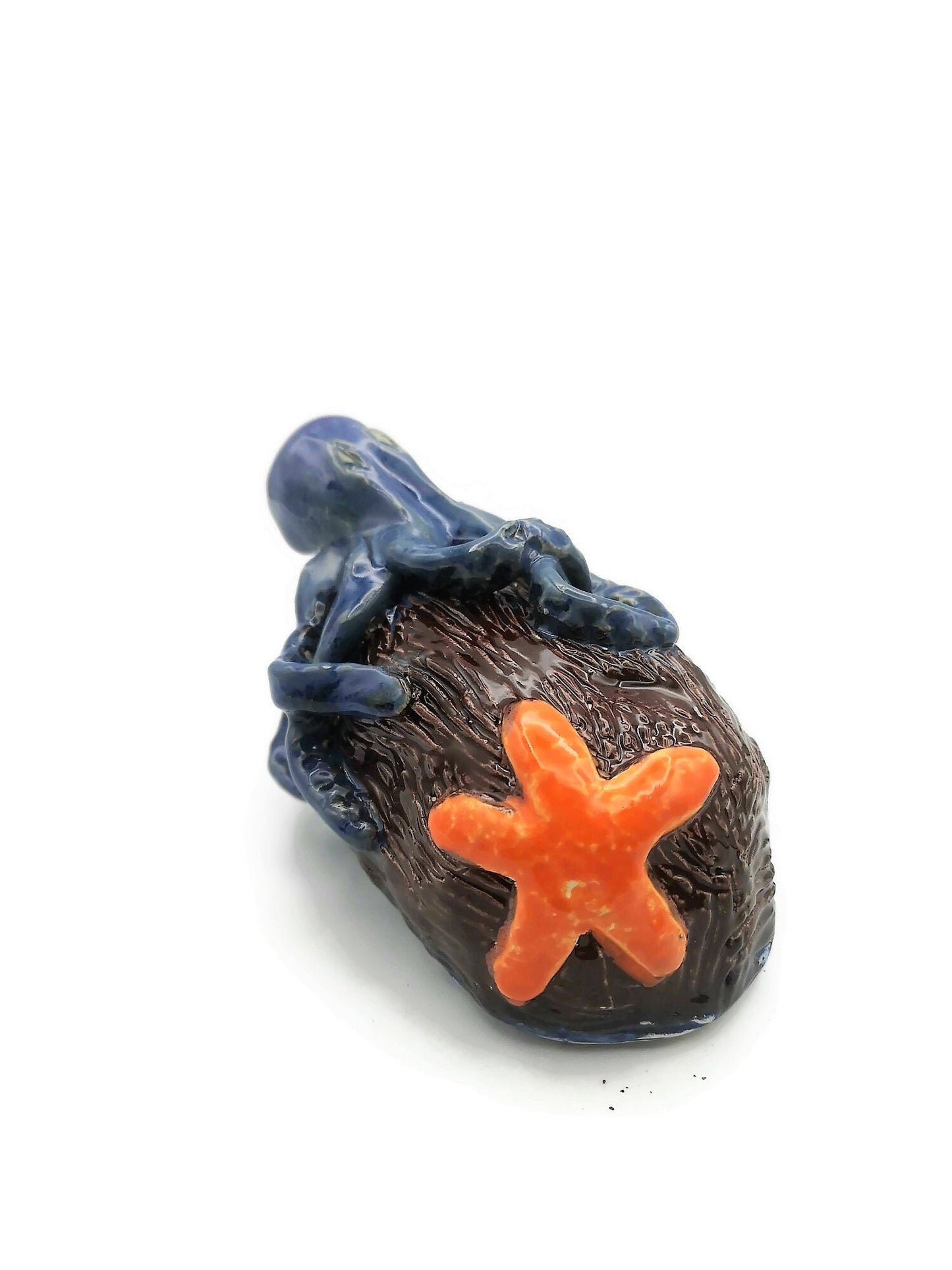 Handmade Blue Ceramic Octopus And Orange Starfish Sculpture, Modern Contemporary Coastal Home Decor For Table or Shelf - Ceramica Ana Rafael