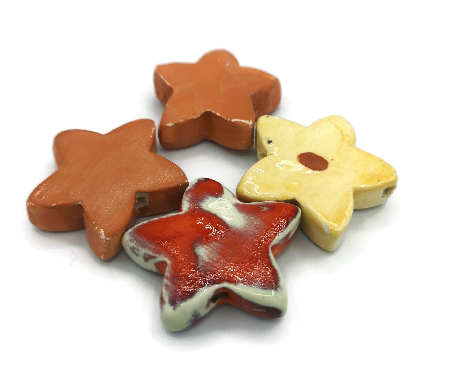 STAR CERAMIC BEADS, Mixed Set Of 4 Decorative Jewelry Making Beads Large Macrame Beads Colorful Flower Shaped - Ceramica Ana Rafael
