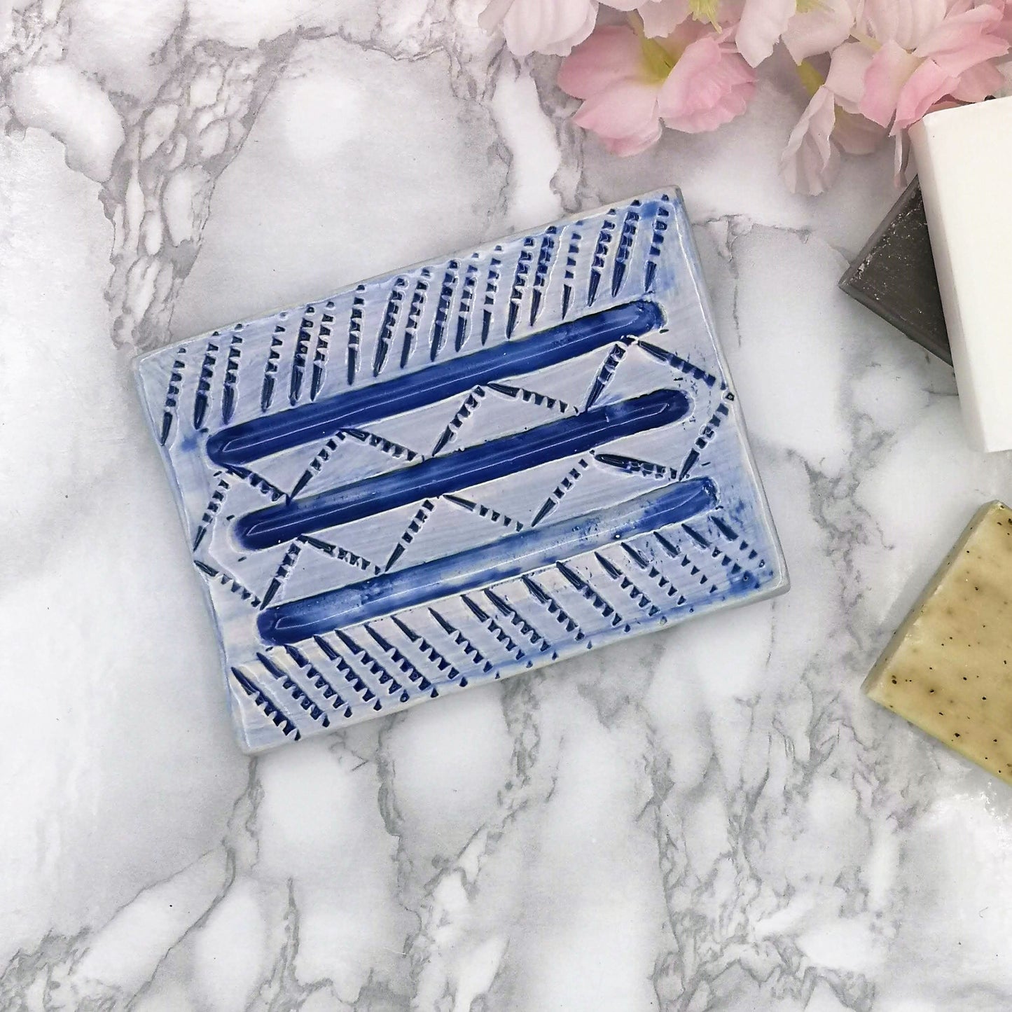 Blue Handmade Ceramic Soap Dish for Shower, Rectangular Sponge Holder, Eco Friendly Shampoo Bar Holder, Sustainable Best Gift For Him - Ceramica Ana Rafael
