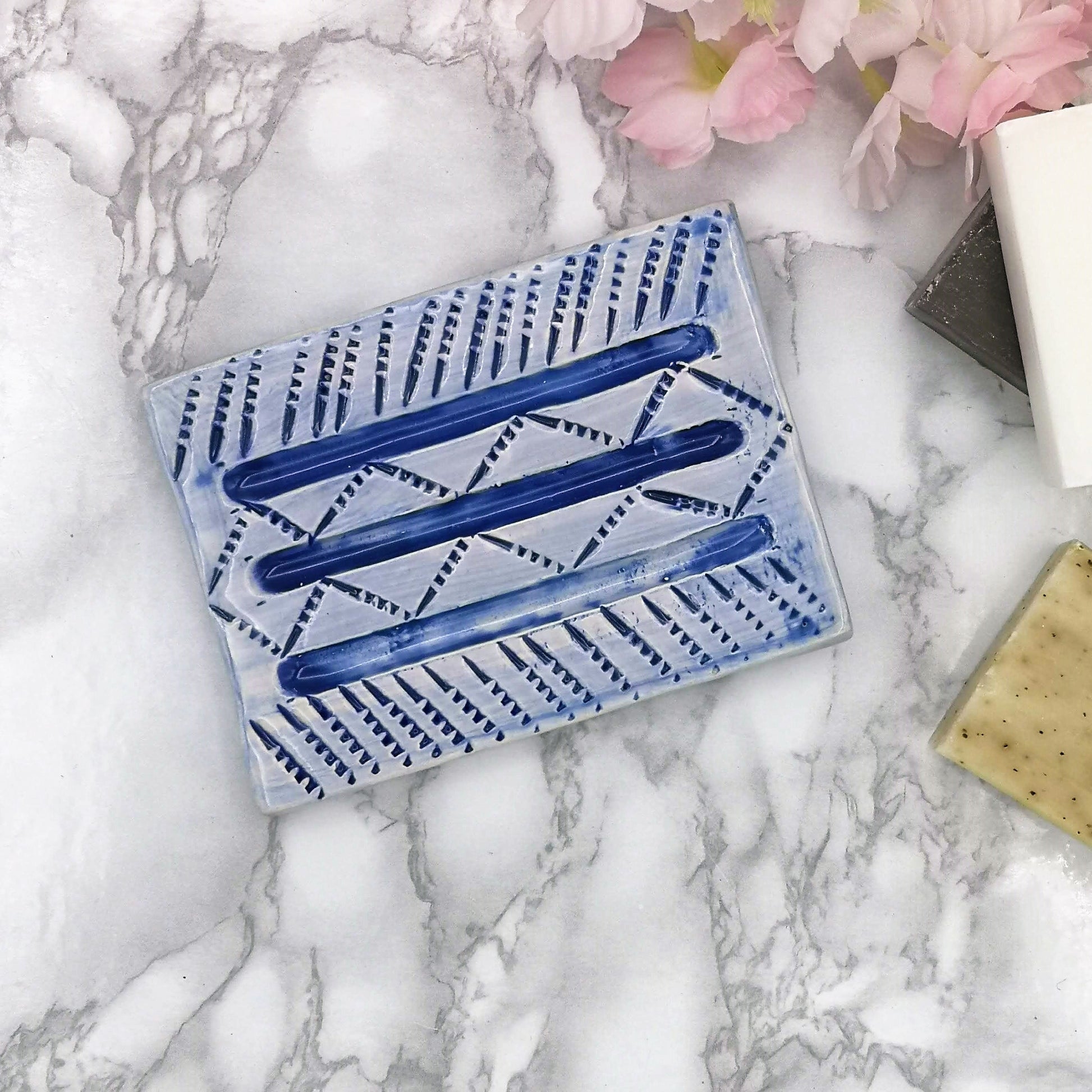 Blue Handmade Ceramic Soap Dish for Shower, Rectangular Sponge Holder, Eco Friendly Shampoo Bar Holder, Sustainable Best Gift For Him - Ceramica Ana Rafael