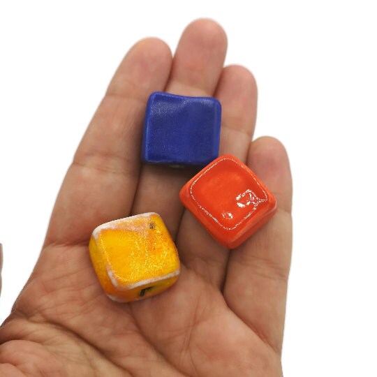 3Pcs 20mm Assorted Handmade Ceramic Beads For Jewelry Making, Unique Large Square Beads, Unusual Artisan Clay Beads Macrame Beads Large Hole - Ceramica Ana Rafael