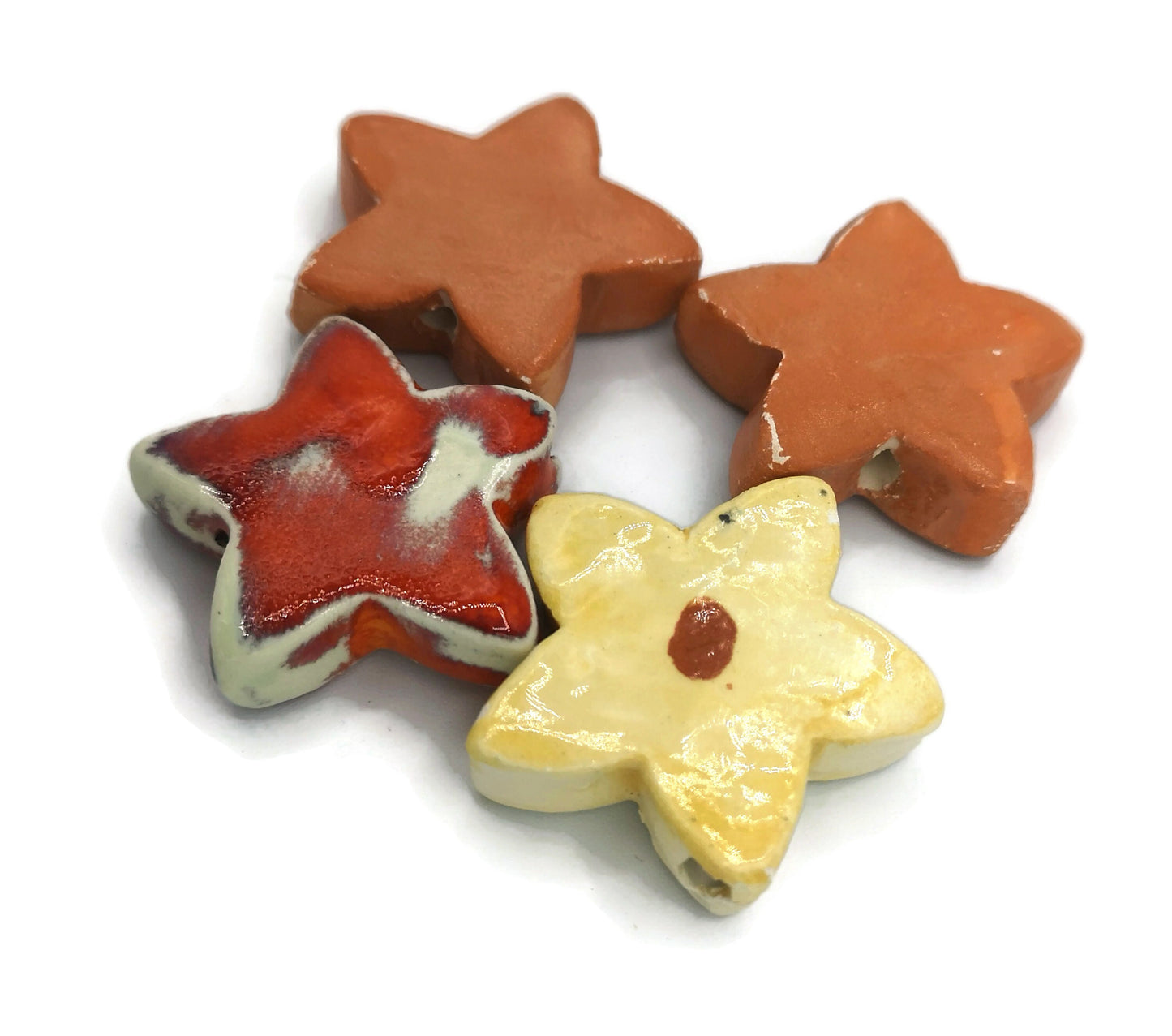 STAR CERAMIC BEADS, Mixed Set Of 4 Decorative Jewelry Making Beads Large Macrame Beads Colorful Flower Shaped - Ceramica Ana Rafael