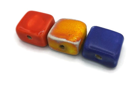 3Pcs 20mm Assorted Handmade Ceramic Beads For Jewelry Making, Unique Large Square Beads, Unusual Artisan Clay Beads Macrame Beads Large Hole - Ceramica Ana Rafael