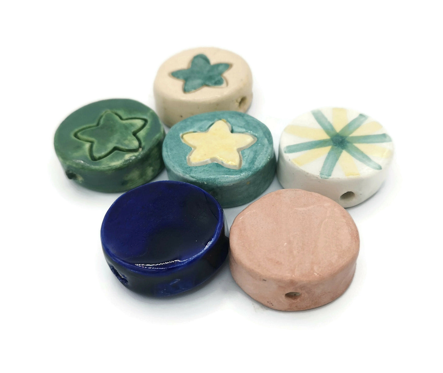 Handmade Ceramic Beads, Mixed Coin Beads 6 Pcs, Best Seller Clay Beads, Round Beads Unusual, Decorative Porcelain Beads For Jewelry Making - Ceramica Ana Rafael
