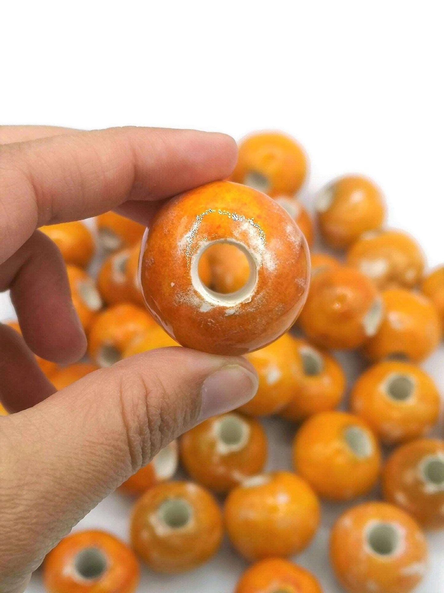 1Pc 30mm Extra Large Beads for Jewelry Making, Handmade Ceramic Macrame Beads Large Hole 7mm, Unique Giant Orange Beads For Plant Hanger