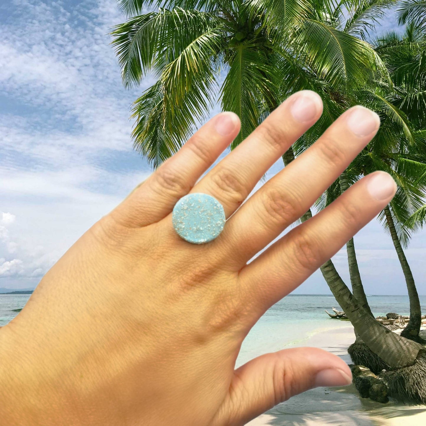 Handmade Ceramic Sparkly Turquoise Blue Ring For Women, Unique Stainless Steel Adjustable Ring, Porcelain Best 9th Anniversary Gifts For Her - Ceramica Ana Rafael
