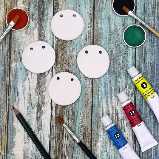 Pendant Blanks, Handmade Ceramic Bisque Charms 2 Holes Ready to Paint, Set of 4 Geometric Pendant, Diy Decorative Round Shape - Ceramica Ana Rafael