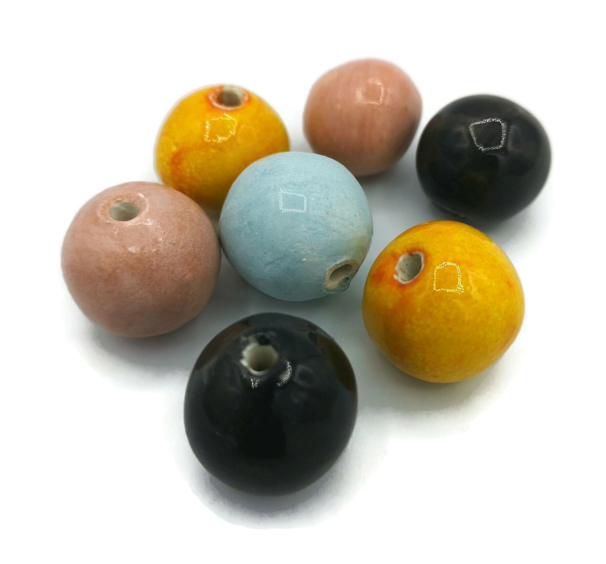 7Pc Round Mixed Handmade Ceramic Beads, Unique Beads, Bubblegum Beads, Decorative Clay Beads for Jewelry Making And Crafts, Colorful Beads - Ceramica Ana Rafael