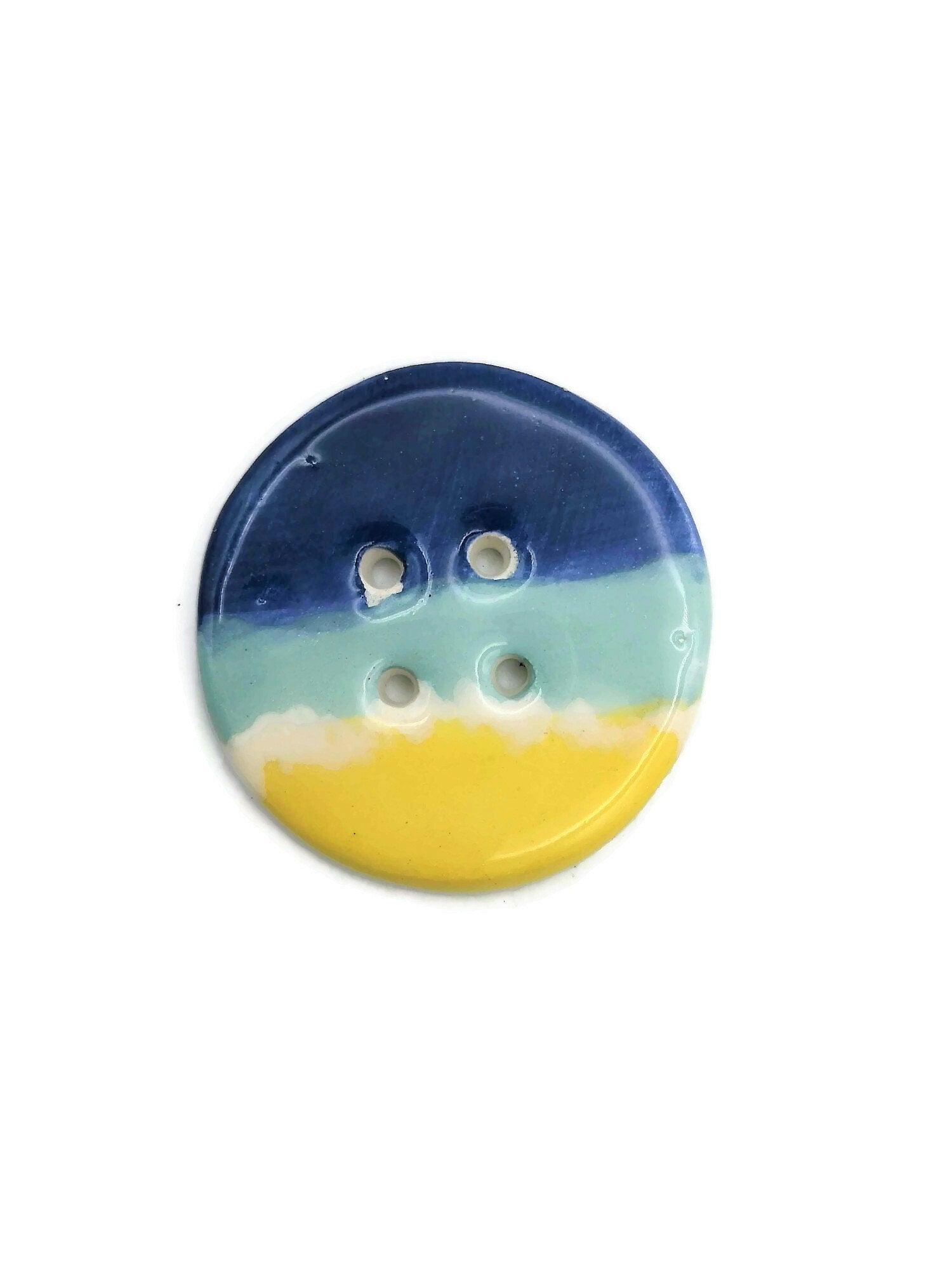 1Pc Handmade Ceramic Extra Large Buttons, Blue And Yellow Decorative Sewing Supplies And Notions, 4 Holes Novelty Beach Themed Coat Buttons - Ceramica Ana Rafael