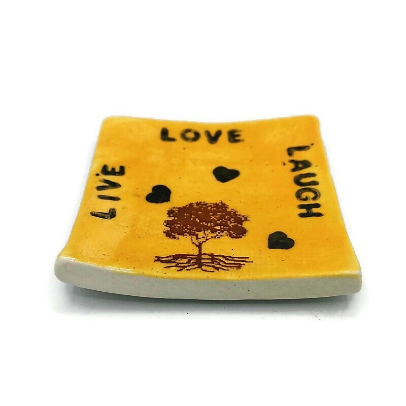 Ring Holder, Aesthetic Ring Tray, Live Laugh Love Ceramic Ring Dish, Small Square Shape Tree Of Life Trinket Dishes For Galentines Day Gifts - Ceramica Ana Rafael