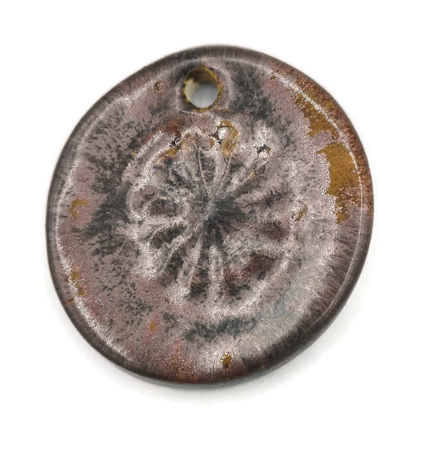 1Pc 40mm Extra Large Handmade Ceramic Necklace Pendant For Jewelry Making With Cooper Tones Poppy Design, Unique Clay Charm