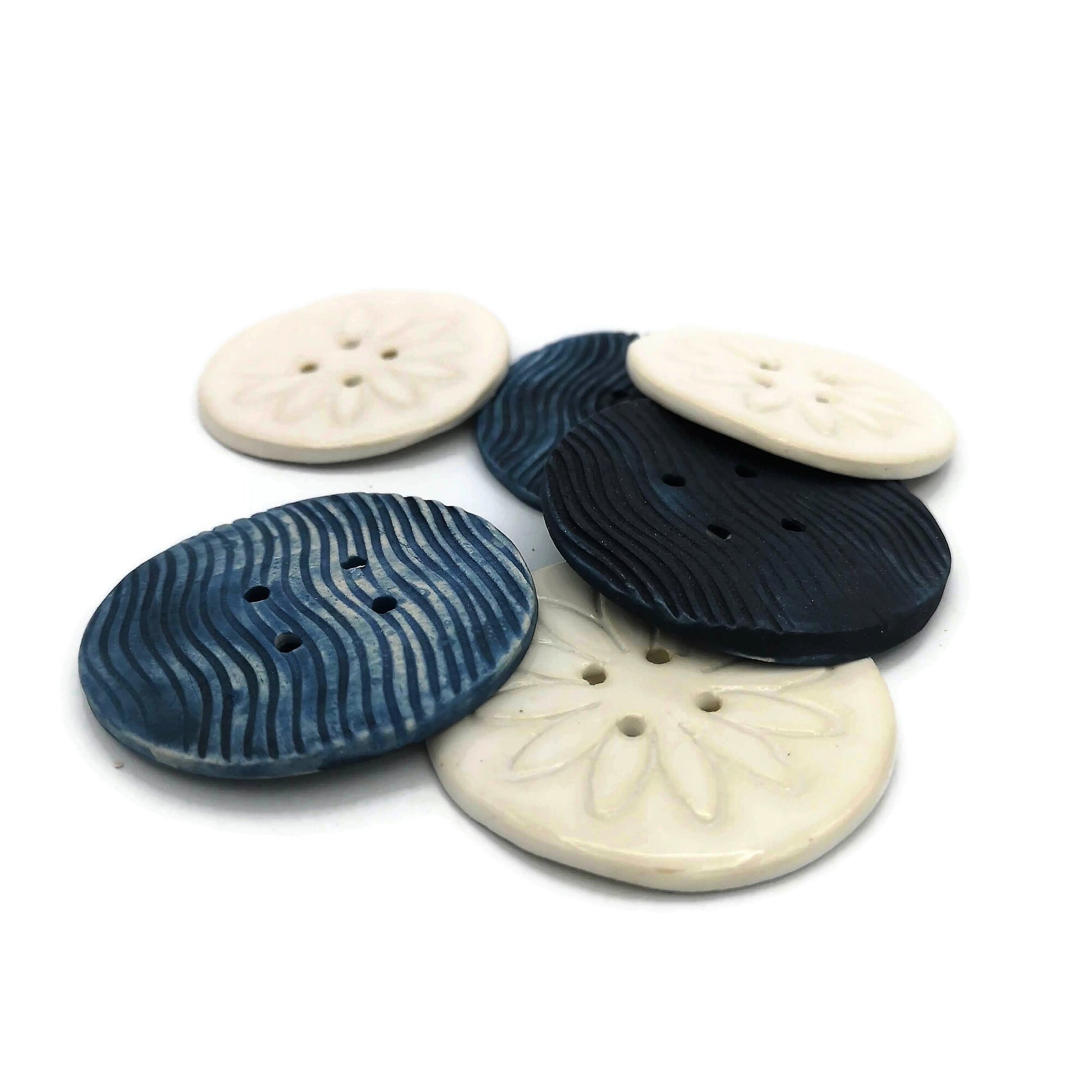 6Pc 65mm Giant Sewing Buttons, Handmade Ceramic Coat Buttons With Flower And Waves Design, Decorative Novelty Buttons for Crafts Extra Large - Ceramica Ana Rafael