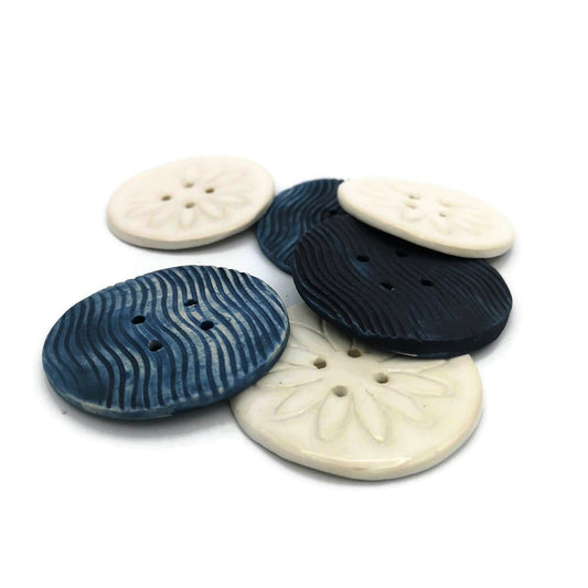 6Pc 65mm Giant Sewing Buttons, Handmade Ceramic Coat Buttons With Flower And Waves Design, Decorative Novelty Buttons for Crafts Extra Large - Ceramica Ana Rafael