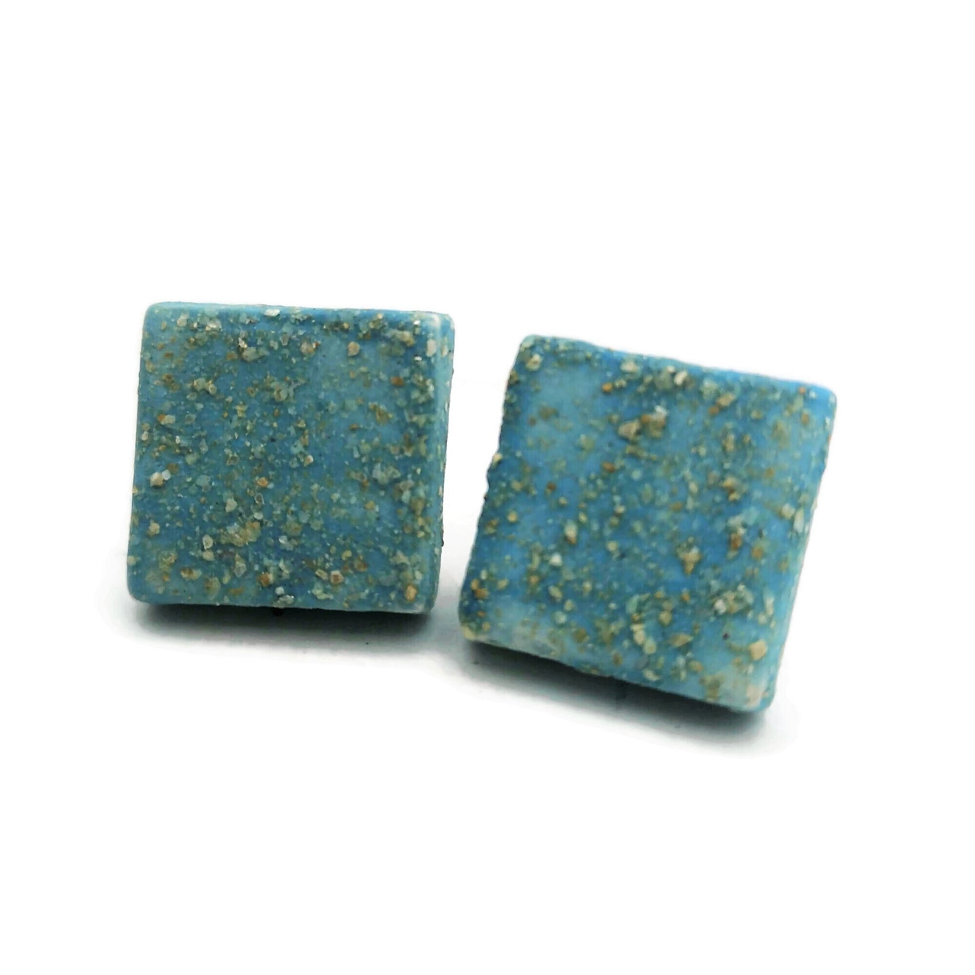 CLAY STUD EARRINGS, Geometric Earrings, Turquoise Studs, Sparkling Blue Designer Earrings, Easter Basket Stuffer Best Gifts For Her - Ceramica Ana Rafael