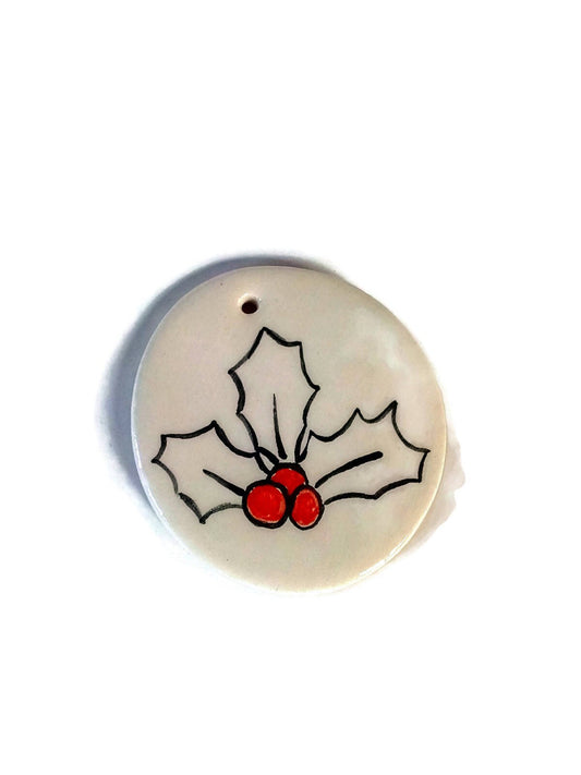 1Pc 65mm Handmade Ceramic Ornaments For Christmas Tree, Holly or Santa Claus Large Gift Tags Hand Painted, Minimalist Holiday Decor - Ceramica Ana Rafael