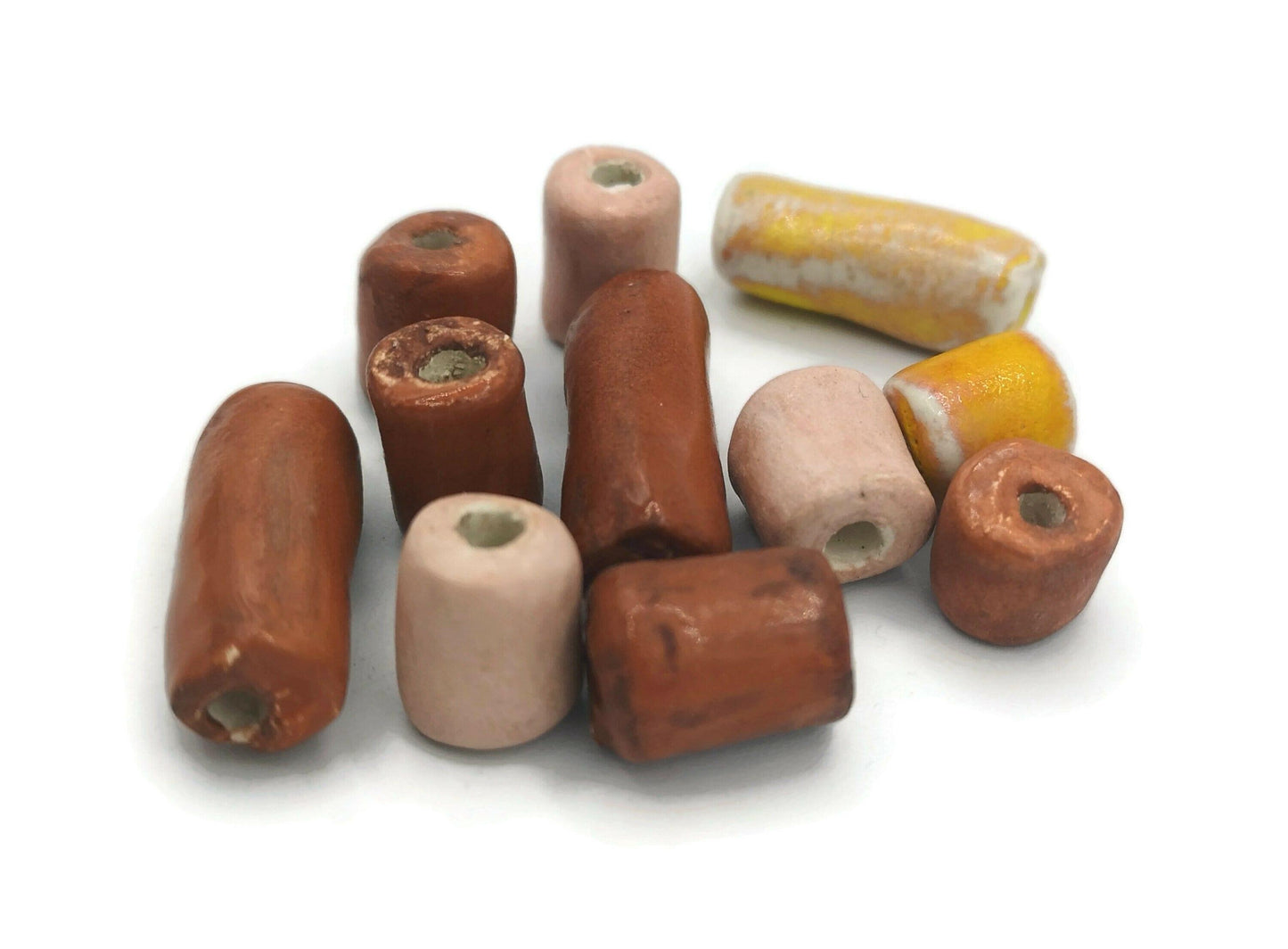 11Pc 12 to 25mm Long Handmade Ceramic Skinny Tube Beads, Mixed Jewelry Making Unique Clay Beads For Crafts, Artisan Macrame Beads Large Hole - Ceramica Ana Rafael