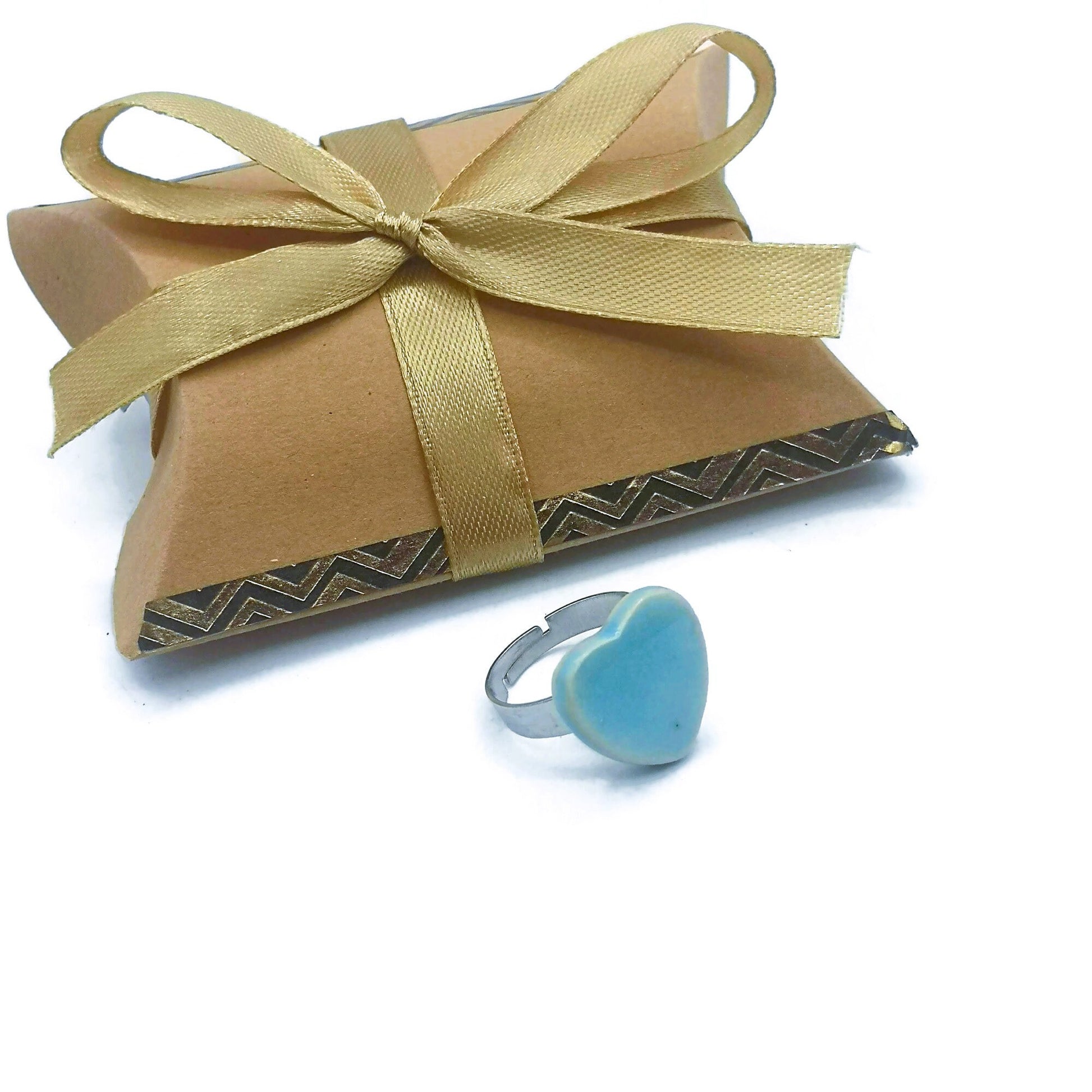 Handmade Ceramic Turquoise Blue Heart Statement Ring For Women, Stainless Steel Adjustable Ring, Porcelain 9th Anniversary Gifts For Her - Ceramica Ana Rafael