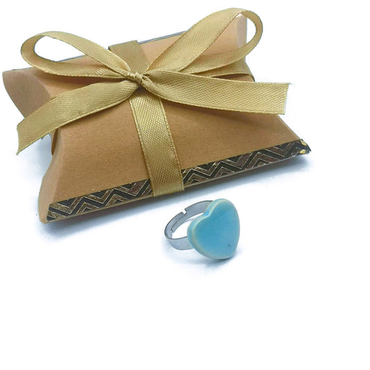 Handmade Ceramic Turquoise Blue Heart Statement Ring For Women, Stainless Steel Adjustable Ring, Porcelain 9th Anniversary Gifts For Her - Ceramica Ana Rafael