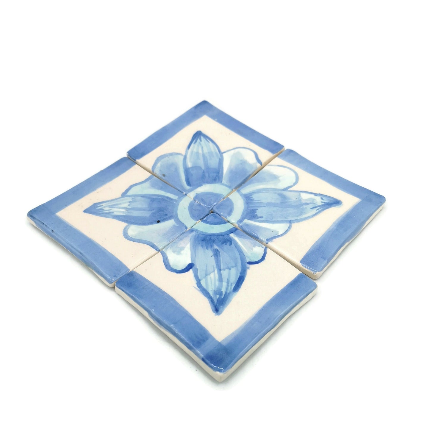 15cm/5.9in Handmade Ceramic Blue And White Tile Panel With Hand Painted Floral Motif, Square Mosaic Panel Kitchen Backsplash Portuguese Tile - Ceramica Ana Rafael
