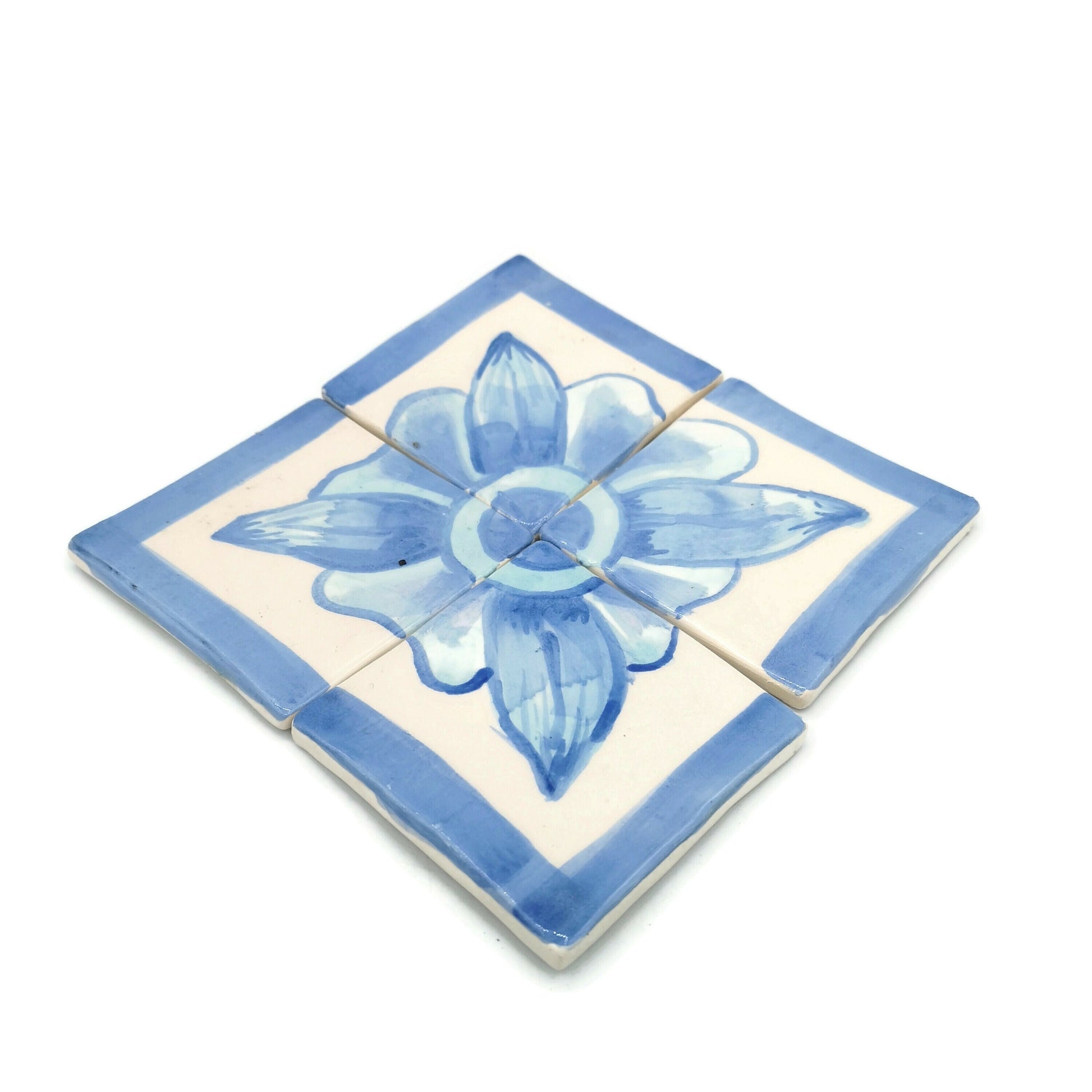 15cm/5.9in Handmade Ceramic Blue And White Tile Panel With Hand Painted Floral Motif, Square Mosaic Panel Kitchen Backsplash Portuguese Tile - Ceramica Ana Rafael