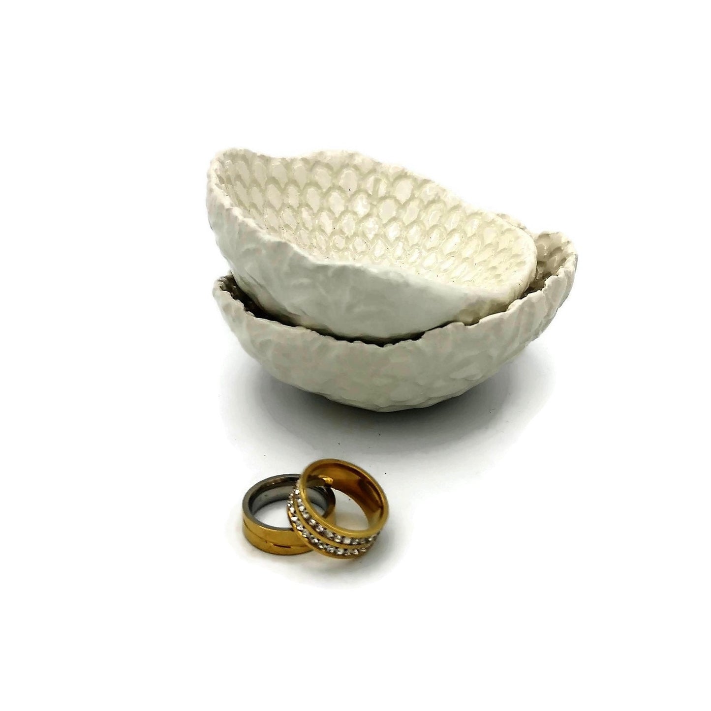 Small Handmade Ceramic Bowl Set 2Pc White Textured Pottery Ring Holder, Clay Trinket Dish Mom Birthday Gift From Daughter, Jewelry Organizer - Ceramica Ana Rafael