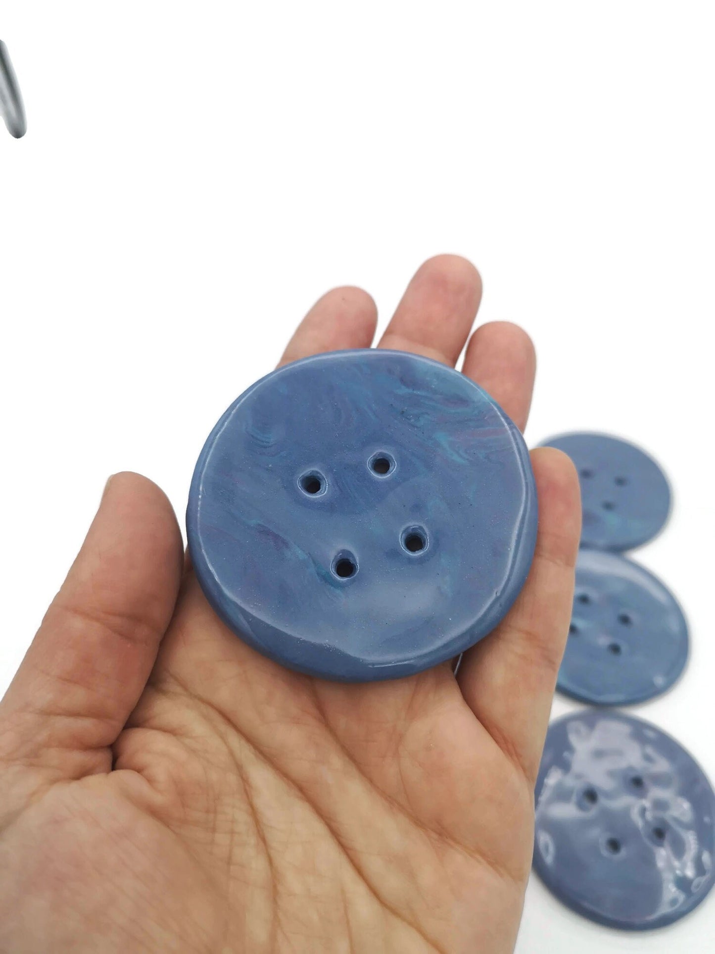 6Pc Extra Large Sewing Buttons 60mm, Mable Blue And Purple 4 Hole Handmade Ceramic Round Button, Artisan Novelty Coat Button Lot For Clothes - Ceramica Ana Rafael