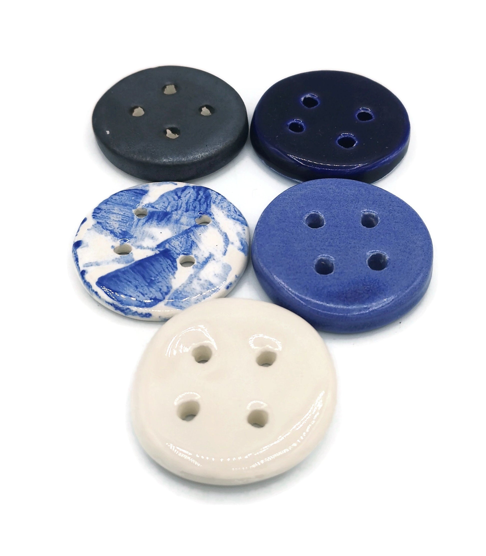 5Pc 40mm Round Sewing Buttons, Handmade Ceramic Unique Coat Buttons Set, Blue Sewing Button For Jewelry Making, Sewing Supplies And Notions - Ceramica Ana Rafael