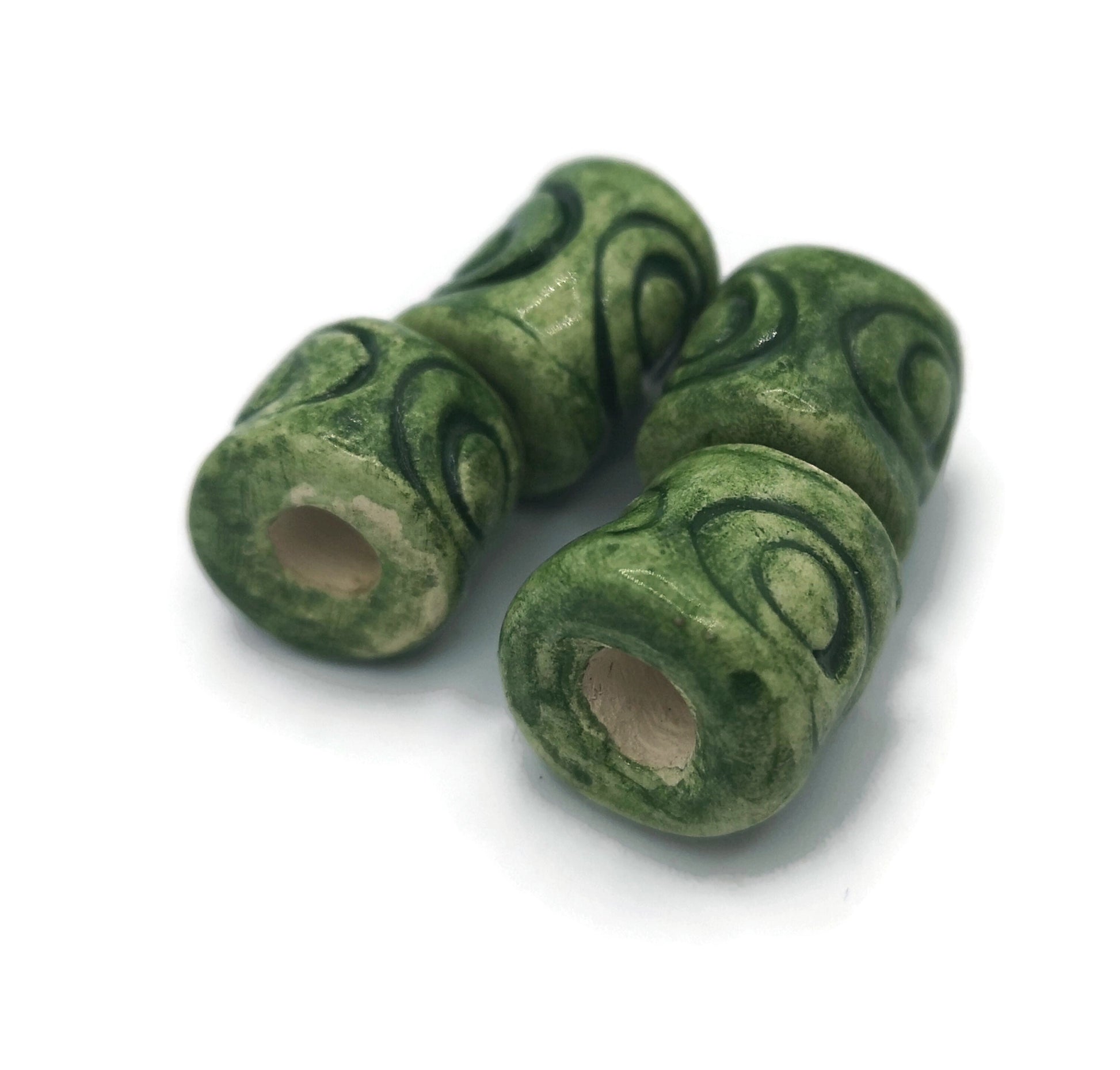 4Pc 15mm Green Macrame Tube Beads Large Hole, Barrel Beads For Jewelry Making, Handmade Ceramic Beads For Decorating Or Crafting, Clay Beads - Ceramica Ana Rafael