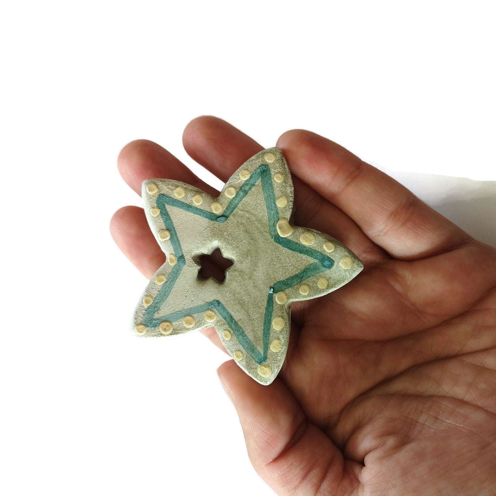 1Pc Extra Large 60mm Green Star Handmade Ceramic Necklace Pendant for Unique Jewelry Making, Hand Painted Clay Charms For Women Fashion