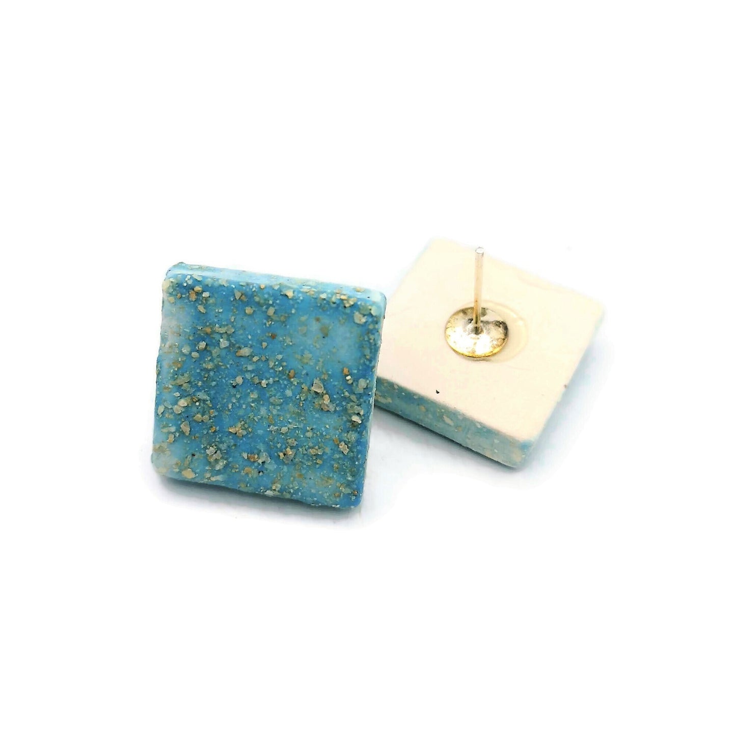 CLAY STUD EARRINGS, Geometric Earrings, Turquoise Studs, Sparkling Blue Designer Earrings, Easter Basket Stuffer Best Gifts For Her - Ceramica Ana Rafael