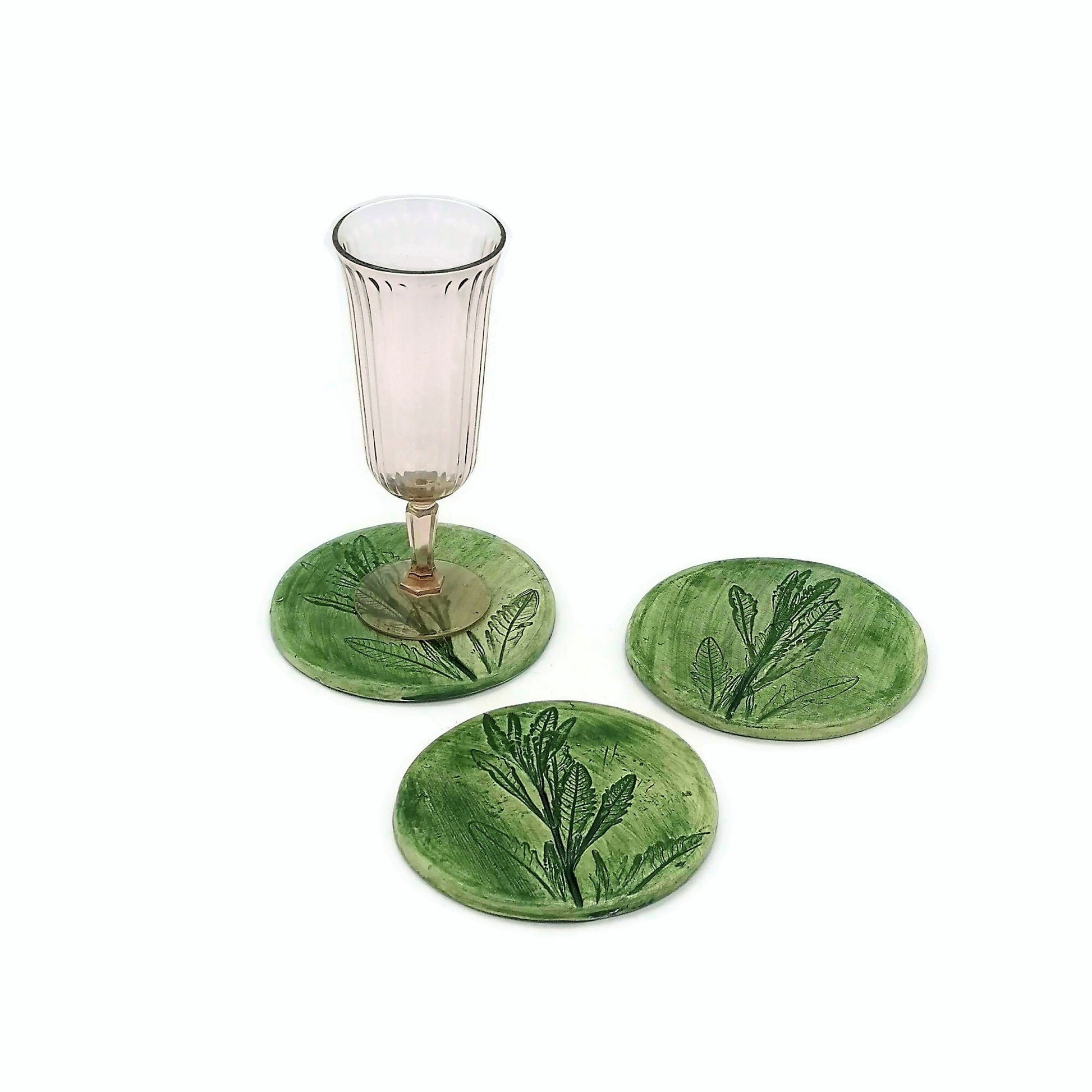 3Pcs Handmade Ceramic Coasters, Round Tiles With Cork Back and Green Lavender Leaves Design, Beer Coasters, Unusual Modern Pressed Plant - Ceramica Ana Rafael