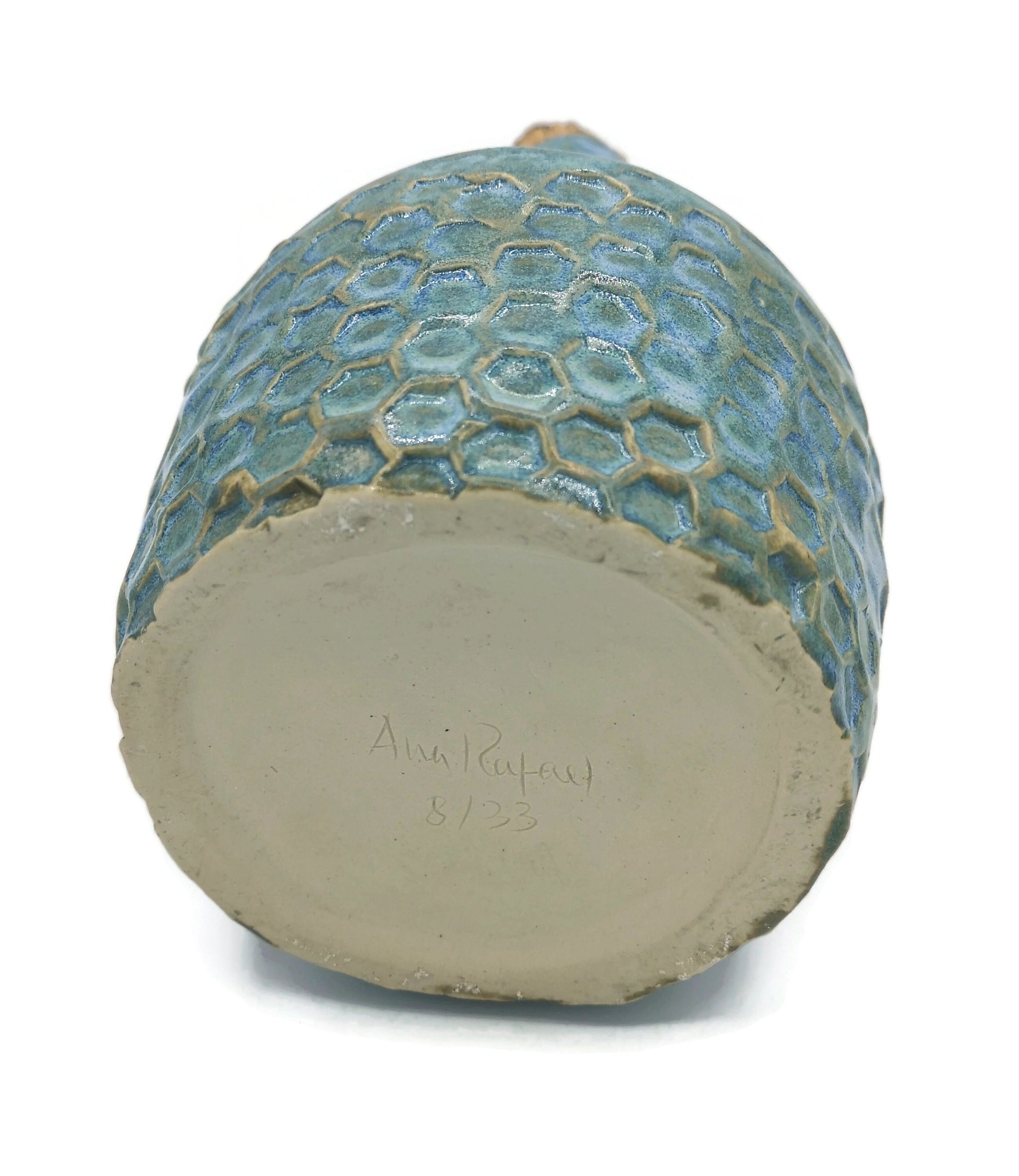 Blue Handmade Ceramic Bottle With Decorative Natural Cork Stopper, Sculptural Vase Honneycomb Texture For Rustic Home Decor - Ceramica Ana Rafael