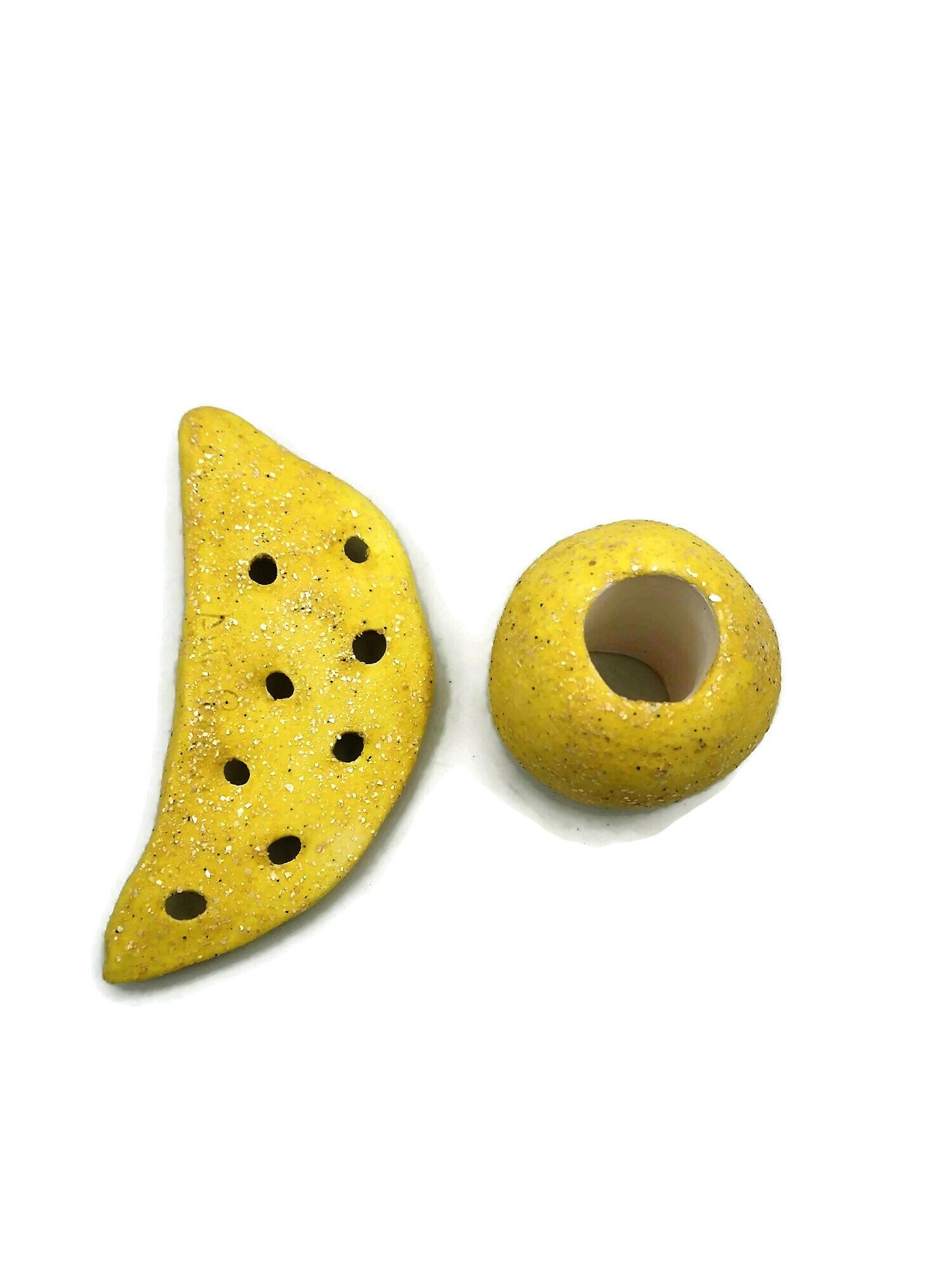 Set of 1 Extra Large Ceramic Bead And 1 Sparkly Yellow Moon Pendant, Giant Macrame Beads, Round Ball And Moon Ornaments, Focal Point Beads - Ceramica Ana Rafael