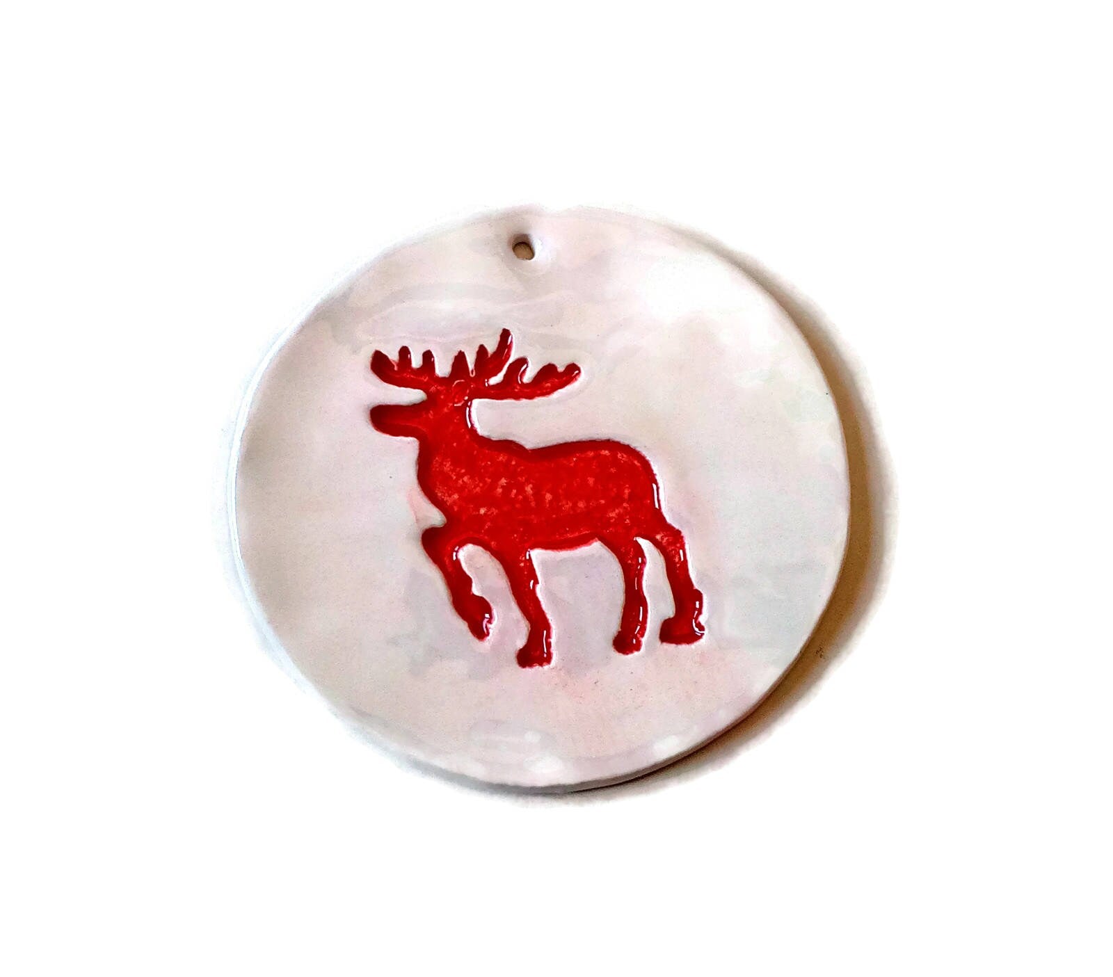 1Pc Handmade Ceramic Reindeer Ornaments For Wall Decor, Christmas Tree Red and White Ornaments, Pottery Wall Hanging For Winter Decoration - Ceramica Ana Rafael