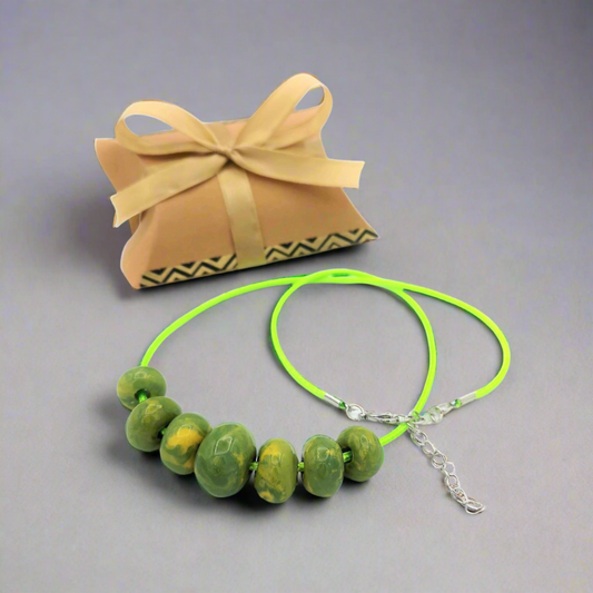 Handmade Green Boho Statement Necklace, Unique Ceramic Beaded Jewelry, Best Gifts for Her