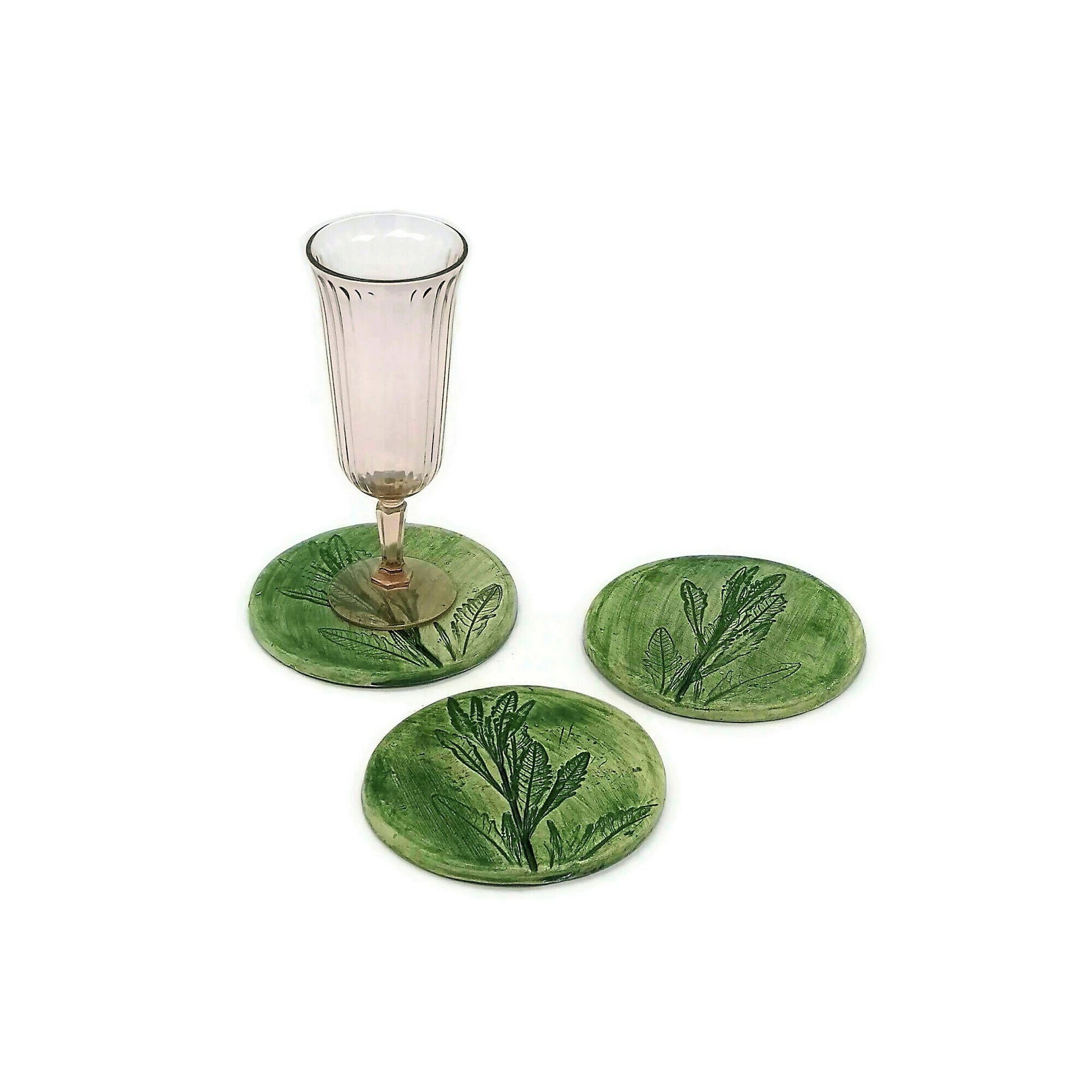 3Pcs Handmade Ceramic Coasters, Round Tiles With Cork Back and Green Lavender Leaves Design, Beer Coasters, Unusual Modern Pressed Plant - Ceramica Ana Rafael