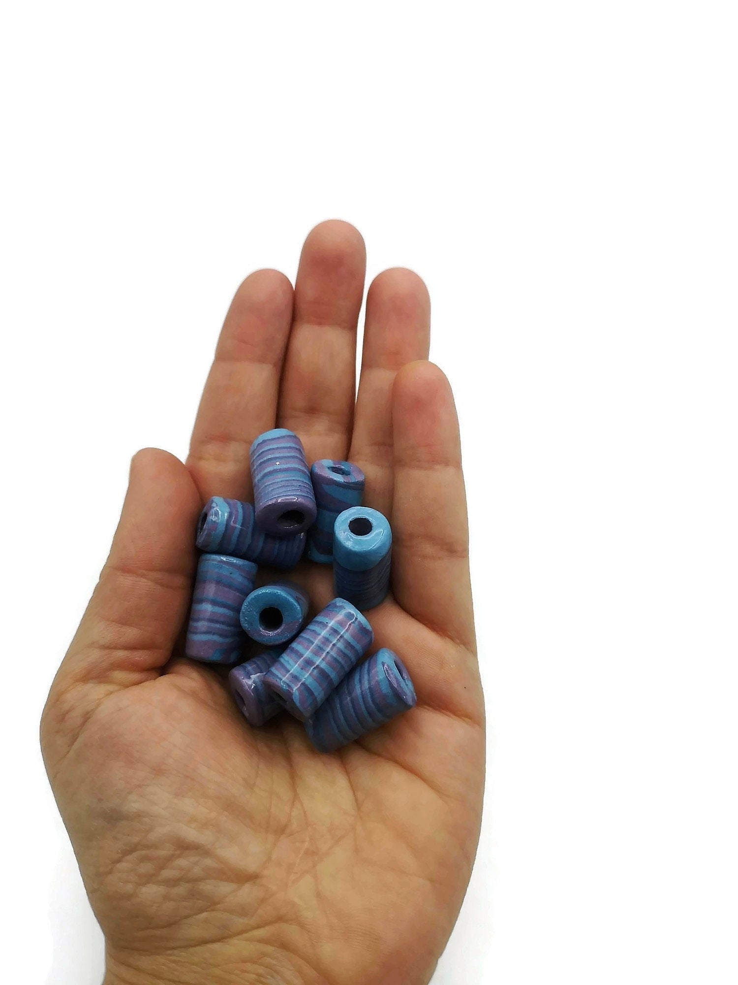 1 Pc Large Handmade Ceramic Tube Beads for Jewelry Making, Artisan Purple and Blue Macrame Beads 4mm Hole, Unique Beard Beads for Hair Braid - Ceramica Ana Rafael