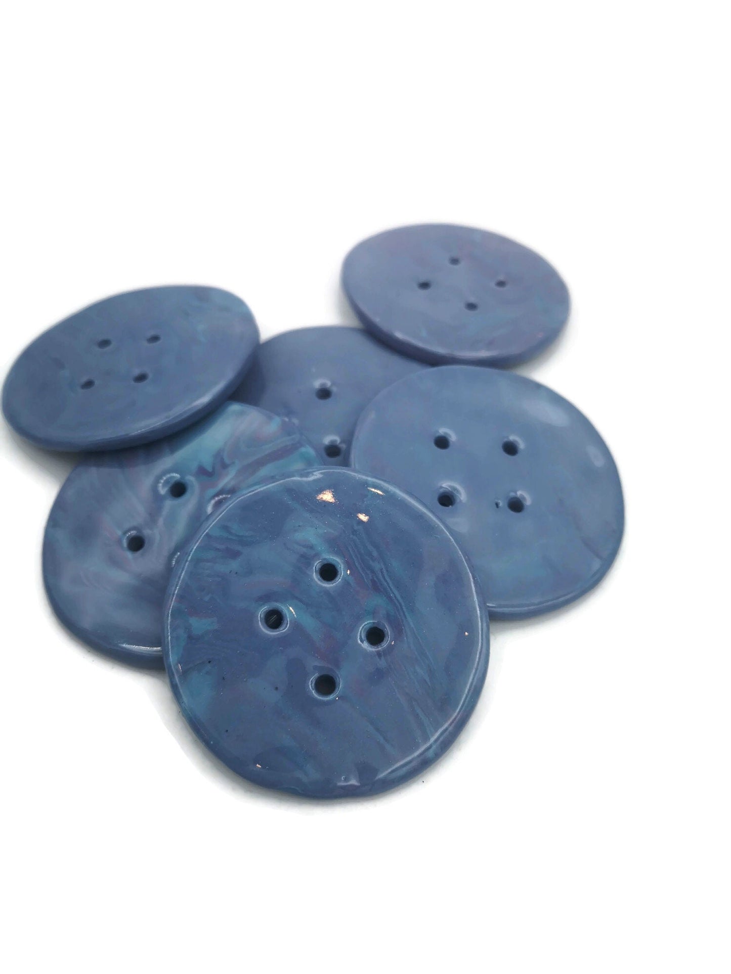 6Pc Extra Large Sewing Buttons 60mm, Mable Blue And Purple 4 Hole Handmade Ceramic Round Button, Artisan Novelty Coat Button Lot For Clothes - Ceramica Ana Rafael