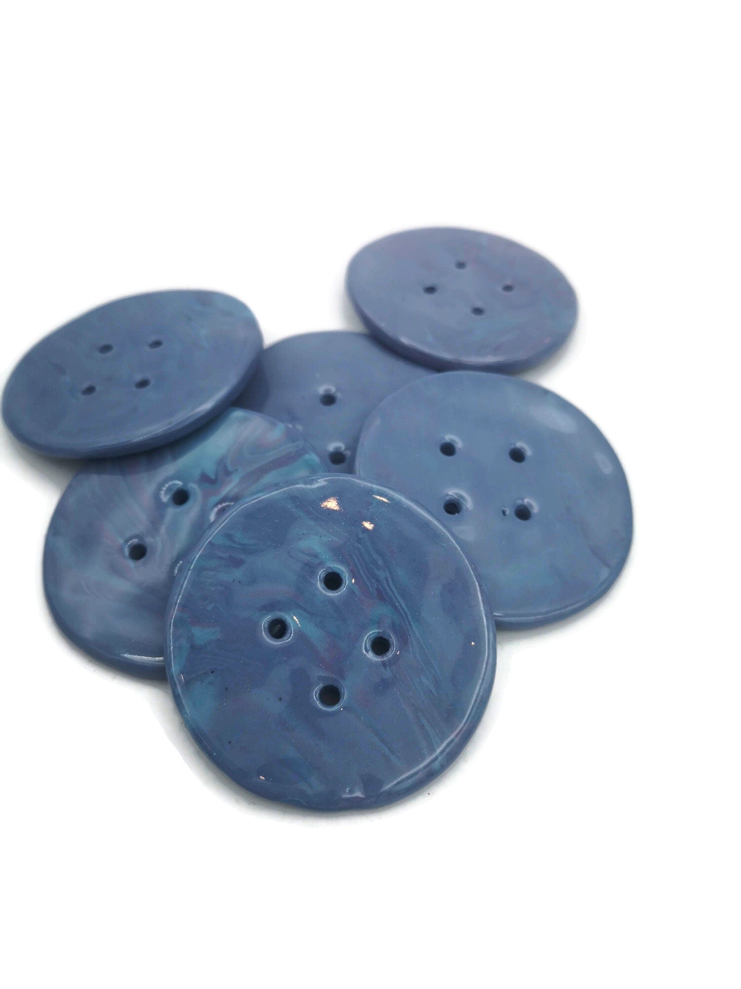6Pc Extra Large Sewing Buttons 60mm, Mable Blue And Purple 4 Hole Handmade Ceramic Round Button, Artisan Novelty Coat Button Lot For Clothes - Ceramica Ana Rafael
