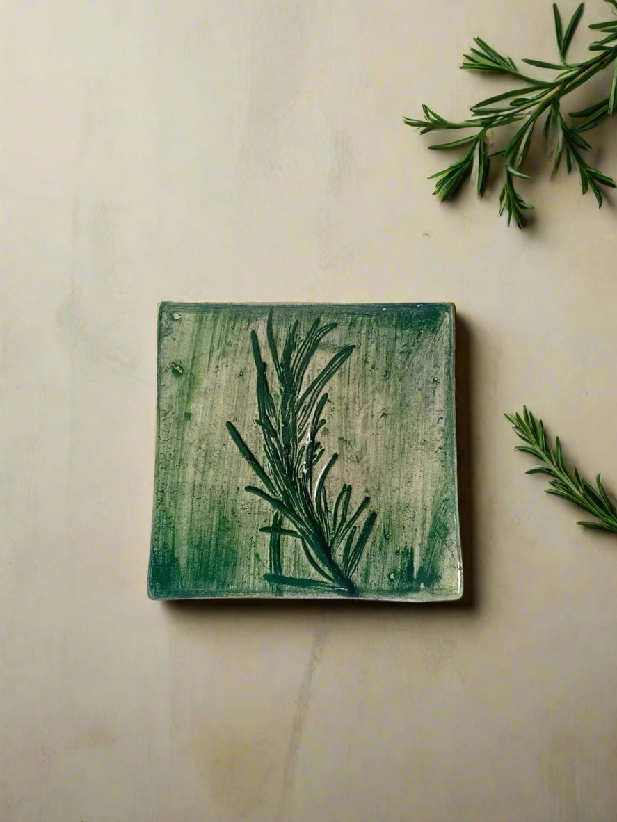 Portuguese Ceramic Tile with Pressed Rosemary – Handmade Backsplash or Table Decor