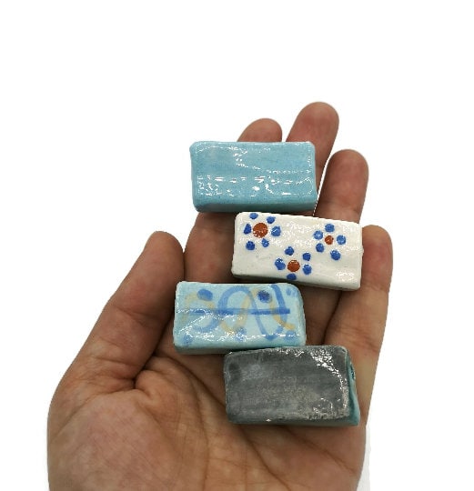 4Pc 35mm Extra Large Handmade Ceramic Rectangle Beads For Jewelry Making, Mixed Clay Beads hand Painted, Unique Decorative Macrame Beads - Ceramica Ana Rafael