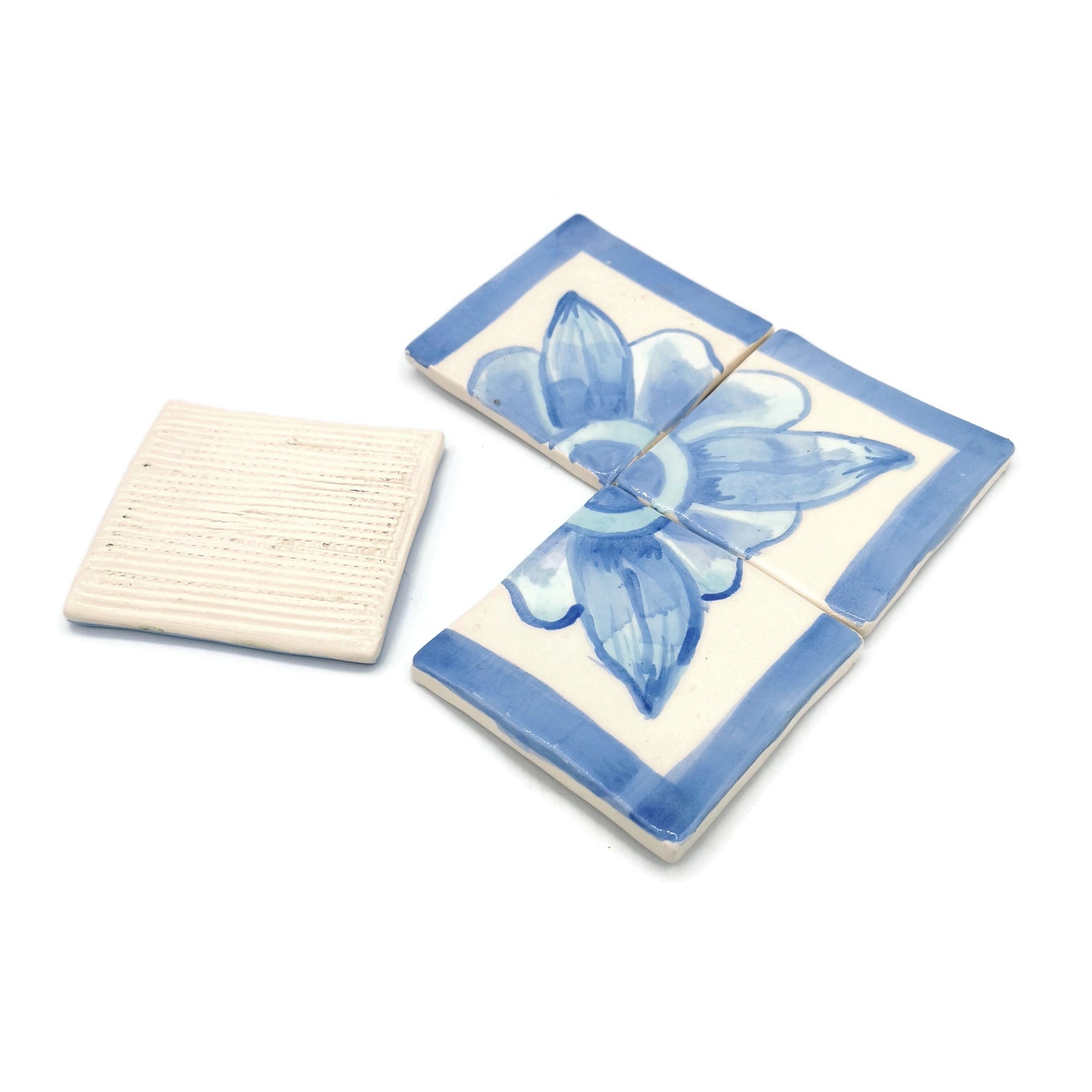 15cm/5.9in Handmade Ceramic Blue And White Tile Panel With Hand Painted Floral Motif, Square Mosaic Panel Kitchen Backsplash Portuguese Tile - Ceramica Ana Rafael