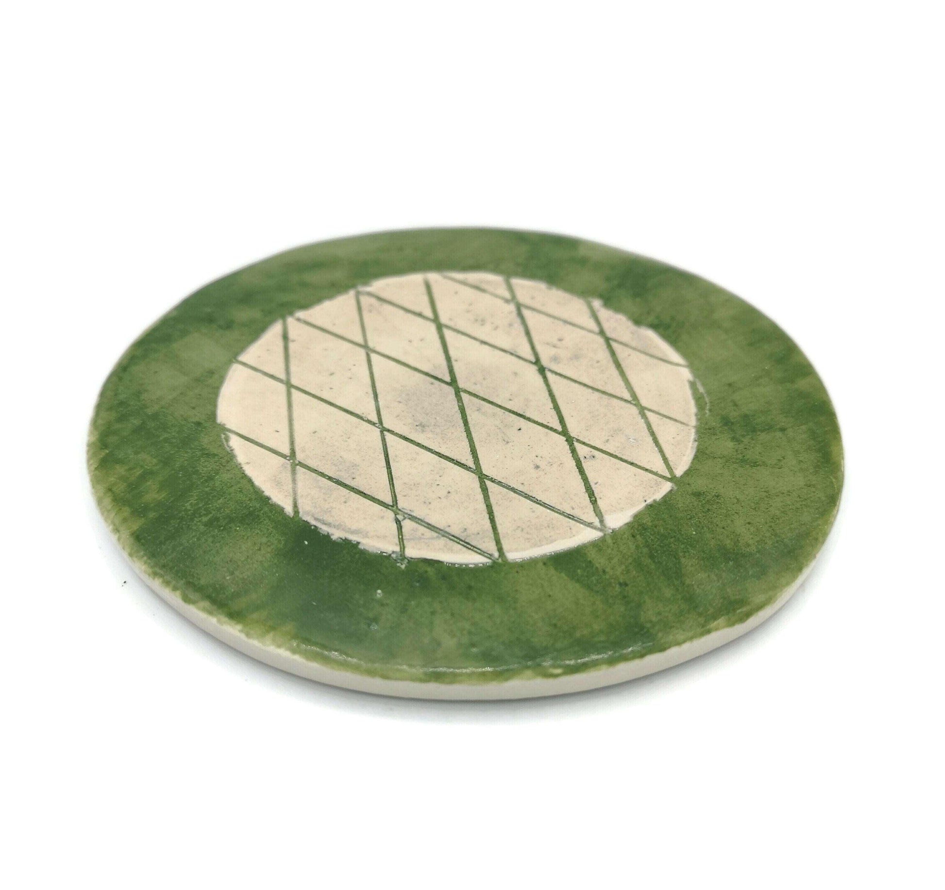 1Pc Handmade Ceramic Geometric Coaster For Drinks, Housewarming Gift First Home, Green Coasters Best Office Desk Accessories Gifts For Him