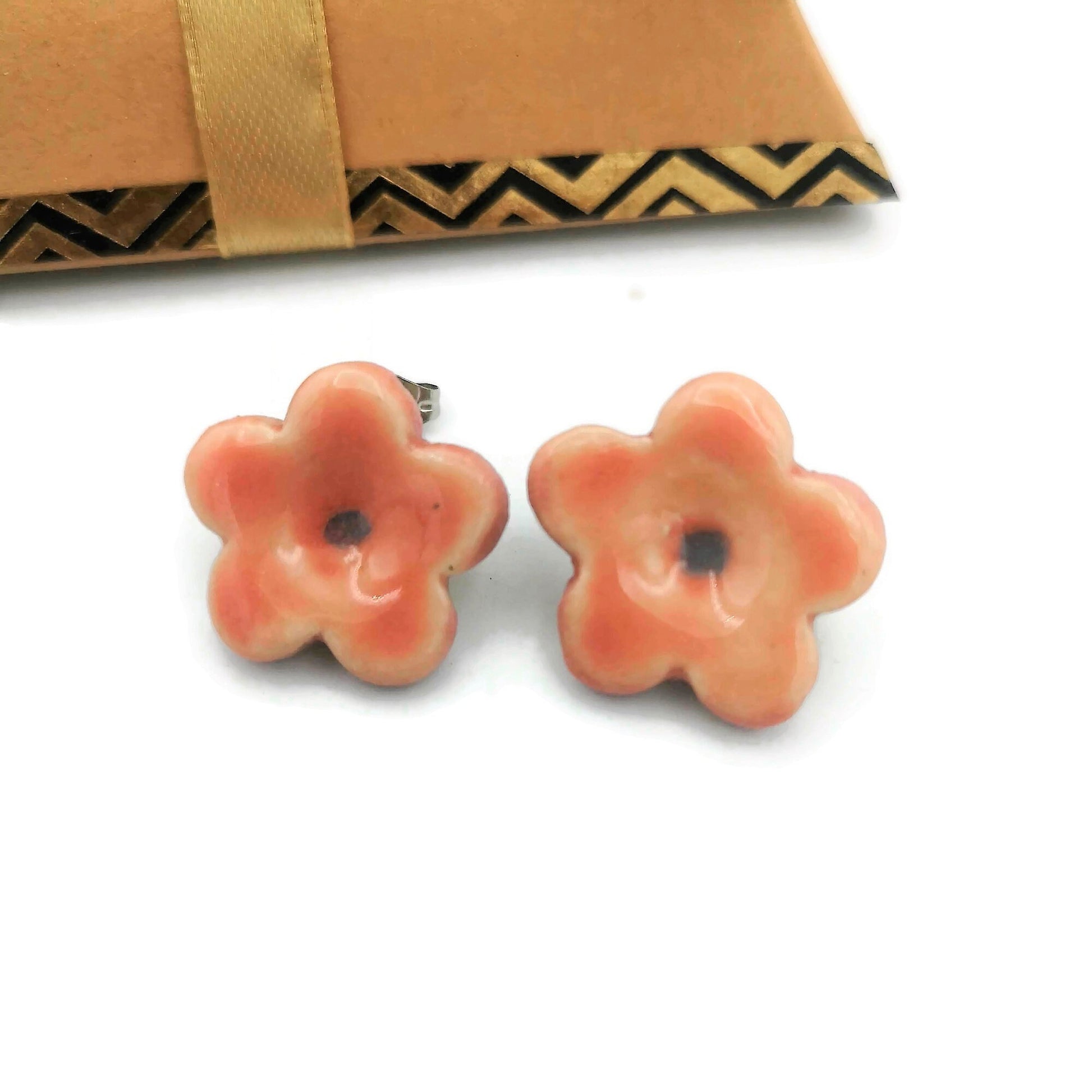 Pink Flower Stud Earrings, Ceramic Dainty Earrings Cute Jewelry For Teen Girl Gifts, Small Clay Boho Designer Earrings, Best Gifts For Her - Ceramica Ana Rafael