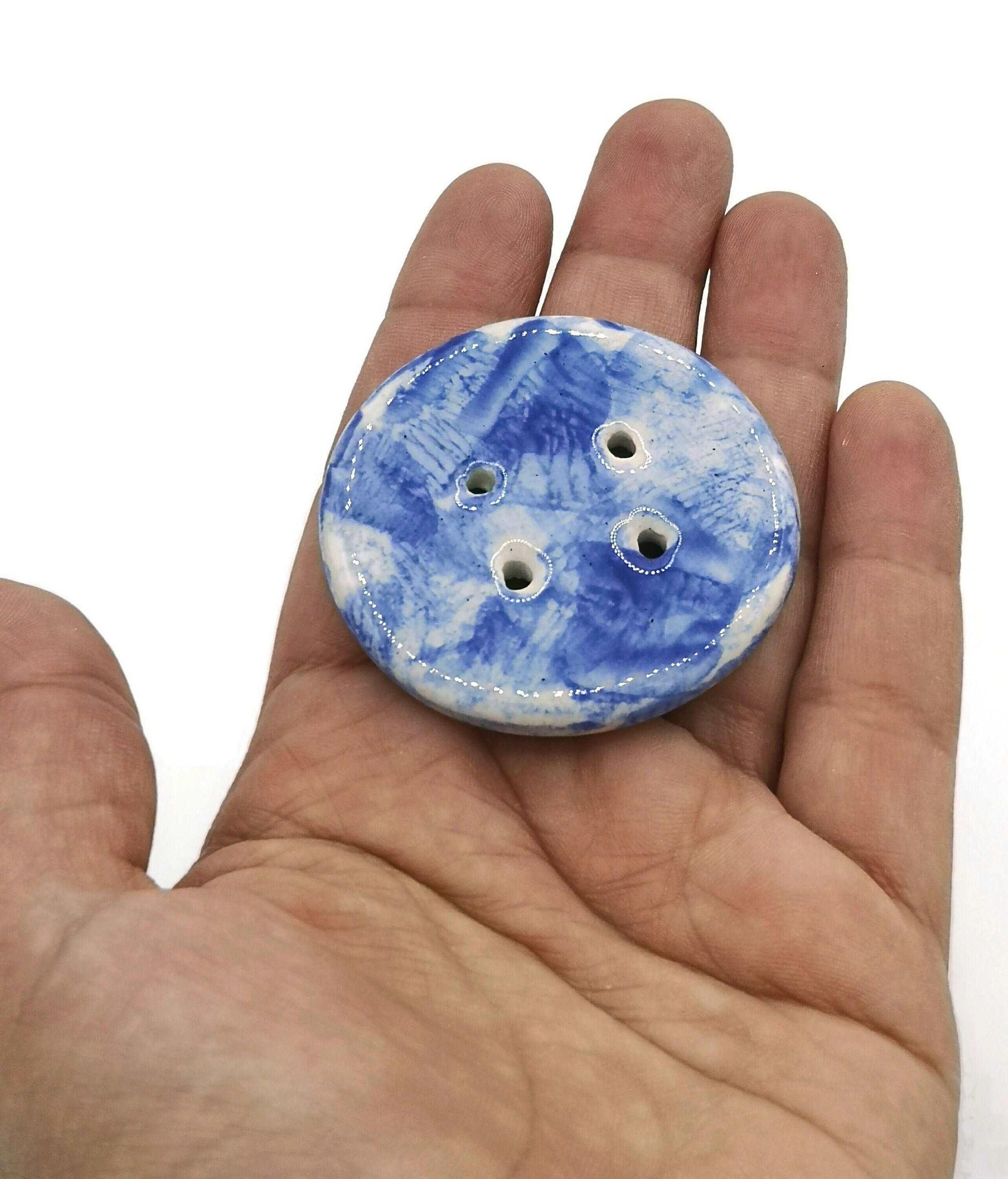 1Pc Coat Button Large, Blue Novelty Buttons, Round Handmade Ceramic Sewing Supplies And Notions, Sewing Buttons For Blouse