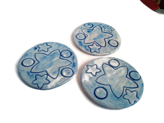 3Pc Blue Handmade Ceramic Coaster Tiles With Stars Design For Office Desk, Modern Celestial Style Coasters With Cork Back - Ceramica Ana Rafael
