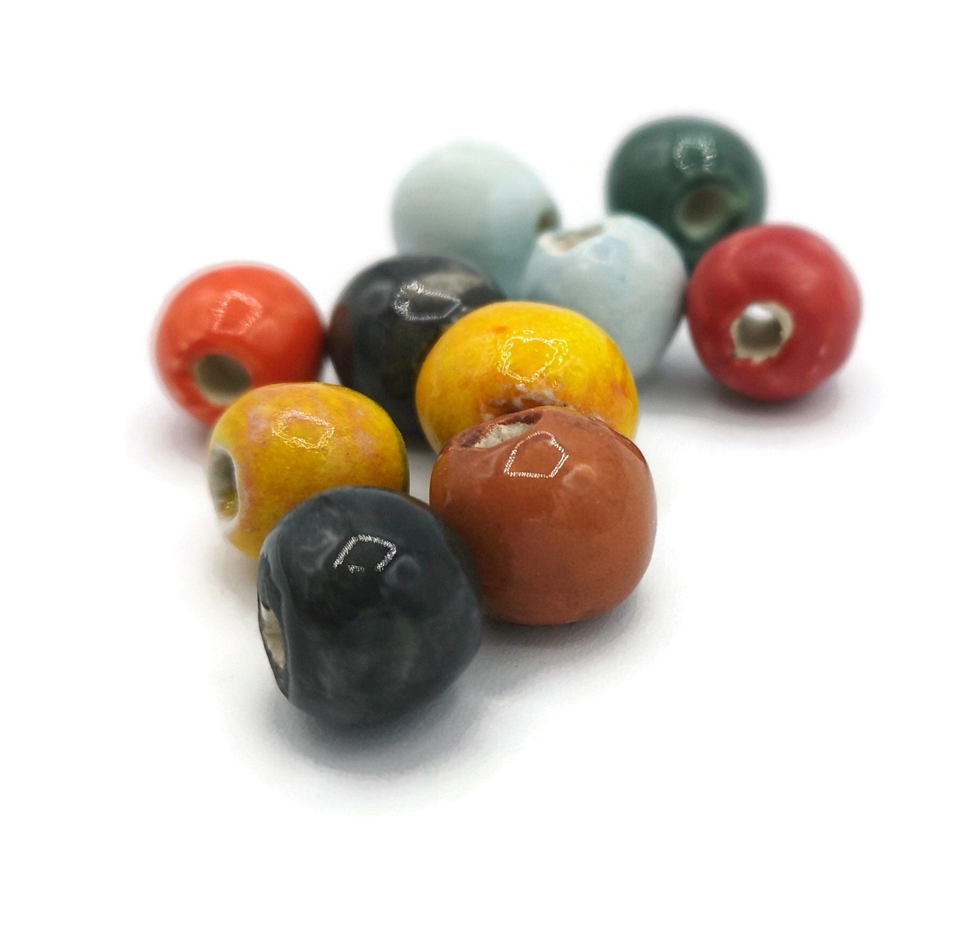 10Pc Round Assorted Beads Set, Handmade Ceramic Beads For Jewelry Making, Unique Artisan Clay Beads For Macrame Smooth And Durable Supplies - Ceramica Ana Rafael