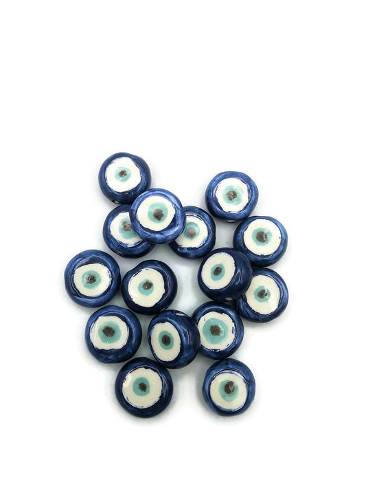 1Pc Blue Evil Eye Beads For Jewelry Making, Handmade Ceramic Macrame Beads, Extra Large Clay Beads, Round Unusual Decorative Porcelain Beads - Ceramica Ana Rafael